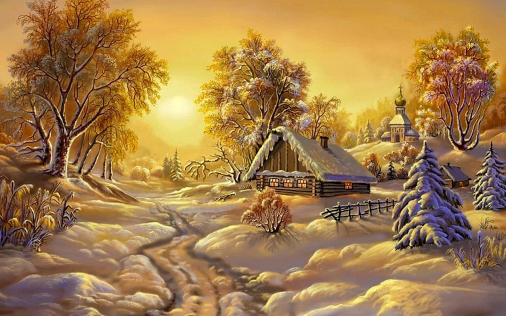 Winter Painting 桌布 壁紙 — 一間舒適的雪覆蓋木屋，坐落在冬季森林中，窗戶閃爍著光芒，金色的夕陽將溫暖的光線灑在結霜的樹木和蜿蜒的小徑上。
