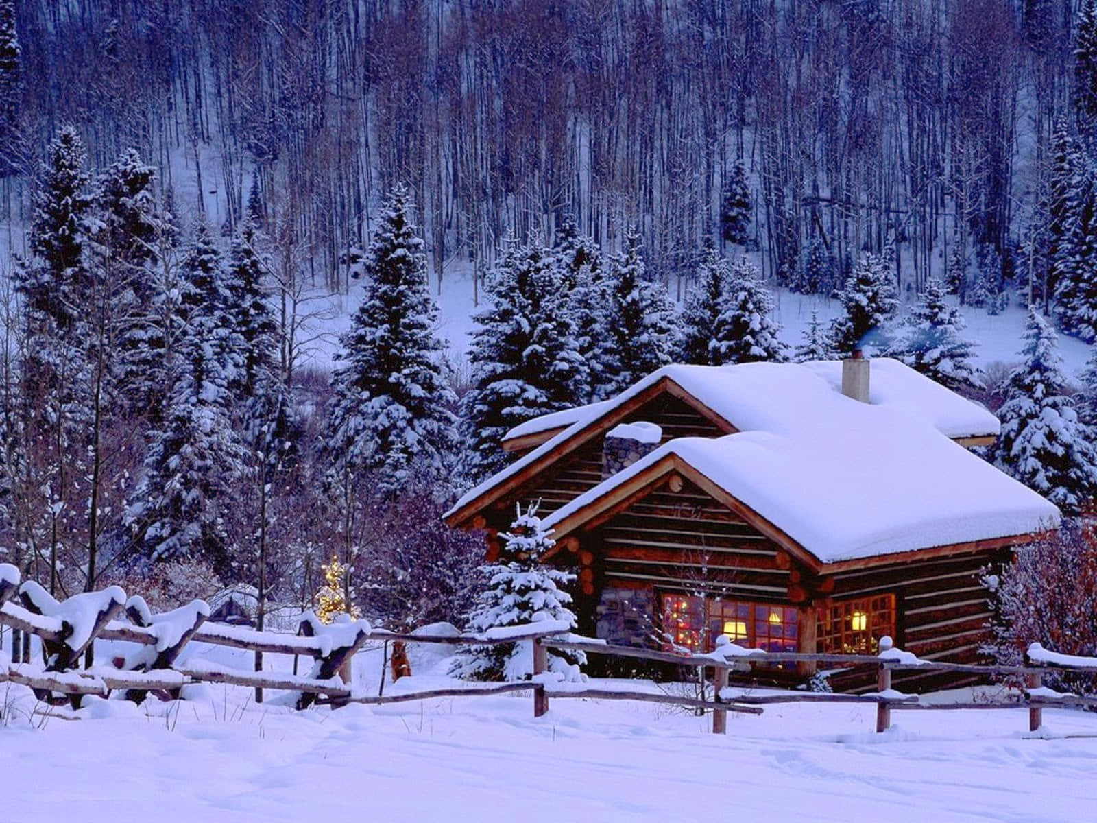冬季 桌布 壁紙 — 一間舒適的雪覆蓋木屋，坐落在冬季森林中，窗戶透出溫暖的燈光。