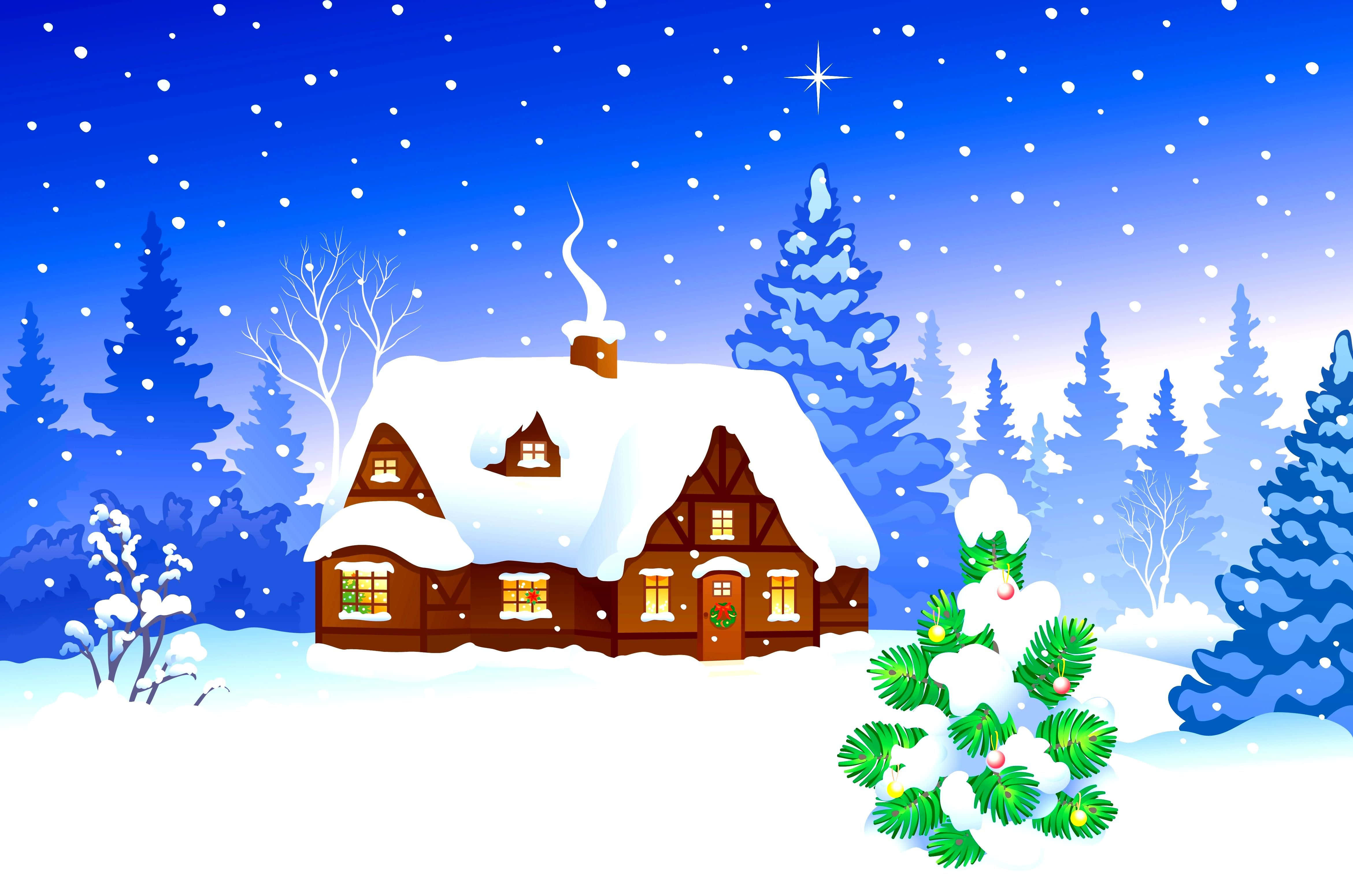Winter Holiday 桌布 壁紙 — 一間舒適的雪覆蓋木屋，溫暖的燈光在繁星點點的冬夜天空下閃耀，周圍是積雪覆蓋的松樹。
