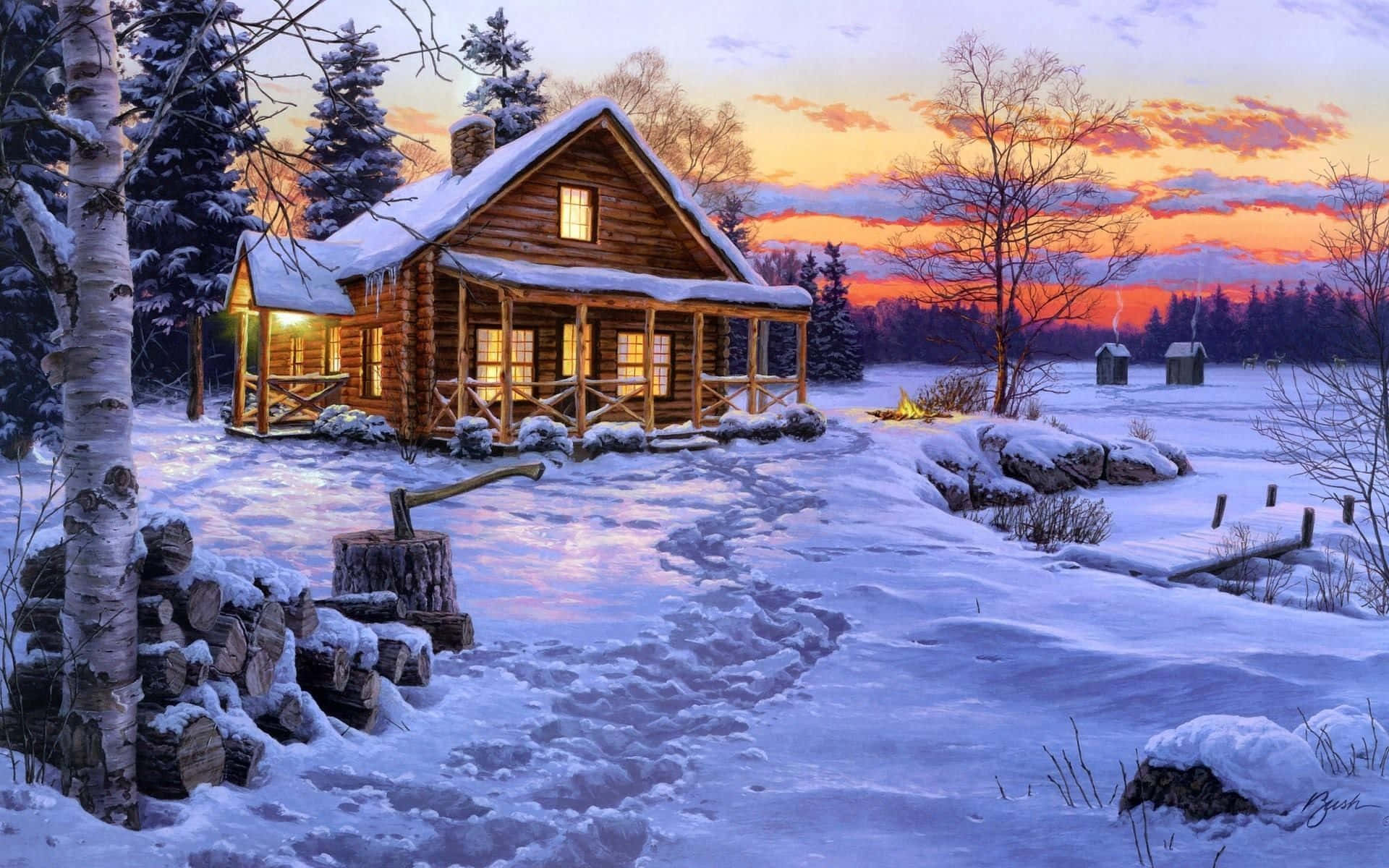 Cozy Winter Cabin 桌布 壁紙 — 一間舒適的雪覆蓋木屋在光禿禿的樹木和冰凍的風景中，對著充滿活力的冬季日落溫暖地發光。