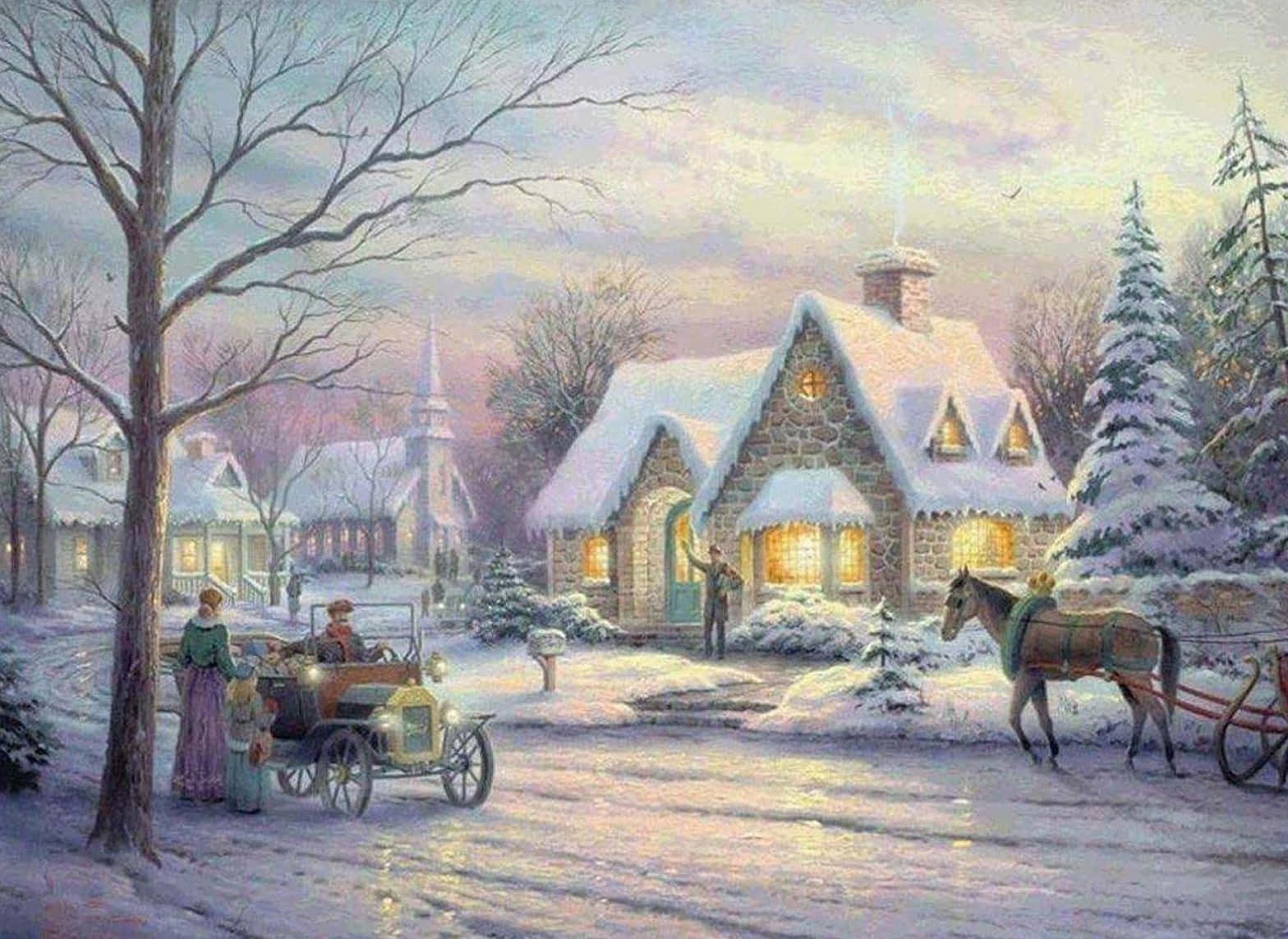 Vintage Christmas 桌布 壁紙 — 一間舒適的雪覆蓋石屋在黃昏時溫暖地發光，一輛馬拉雪橇和復古車停在冬季街道上。