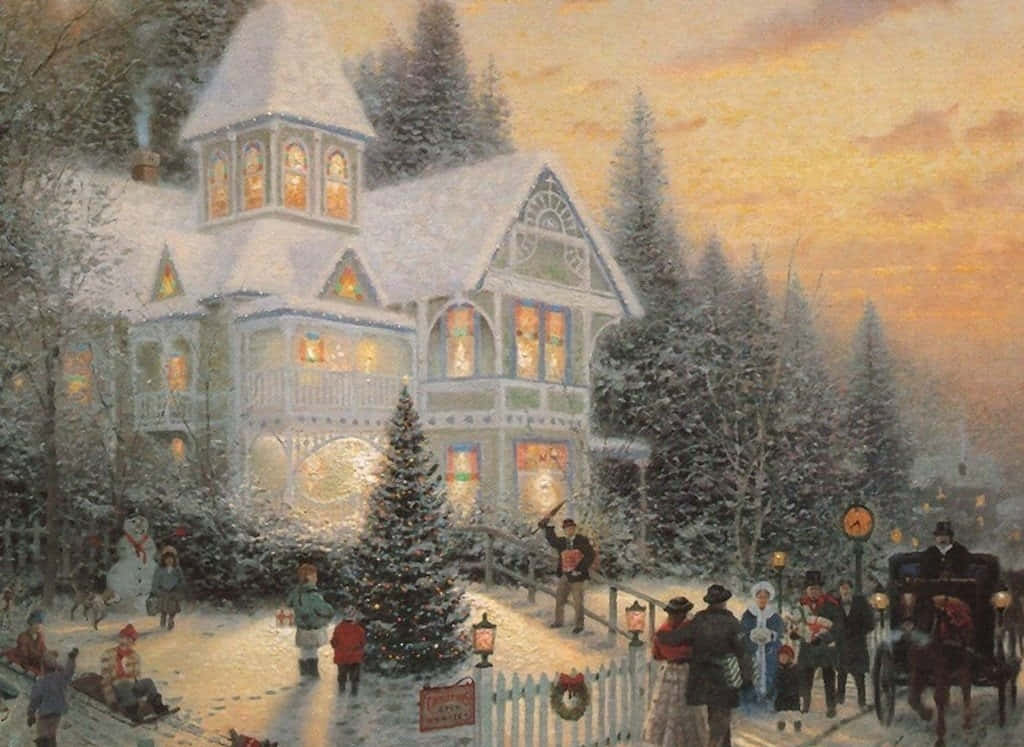 Vintage Christmas 桌布 壁紙 — 一間舒適的雪覆蓋維多利亞式房屋在黃昏時溫暖地發光，人們聚集在裝飾好的聖誕樹周圍，呈現出節日的冬季村莊場景。