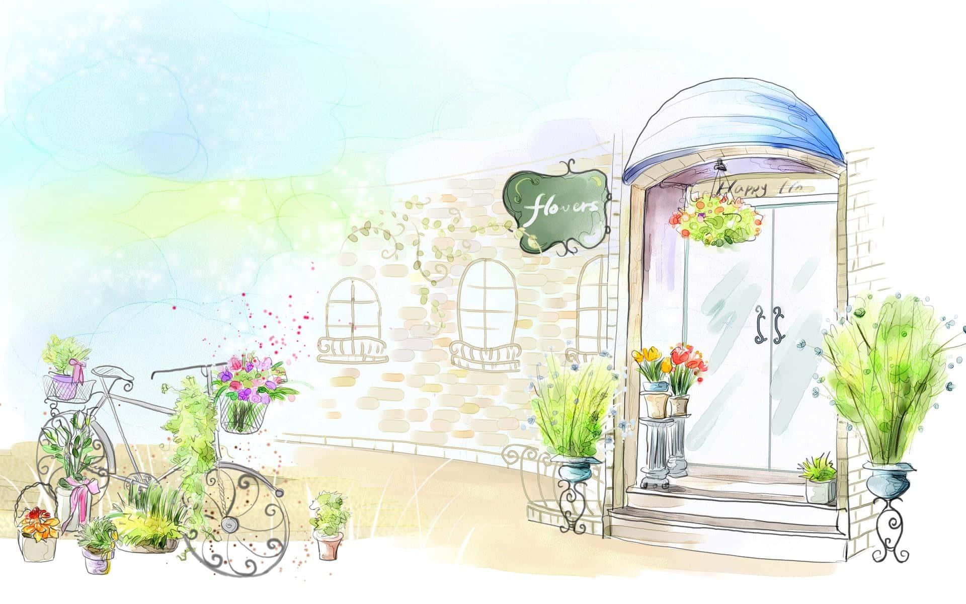Flower Shop 桌布 壁紙 — 一間花店的可愛水彩插圖，店外有一輛裝飾著鮮花和色彩繽紛盆栽的單車。