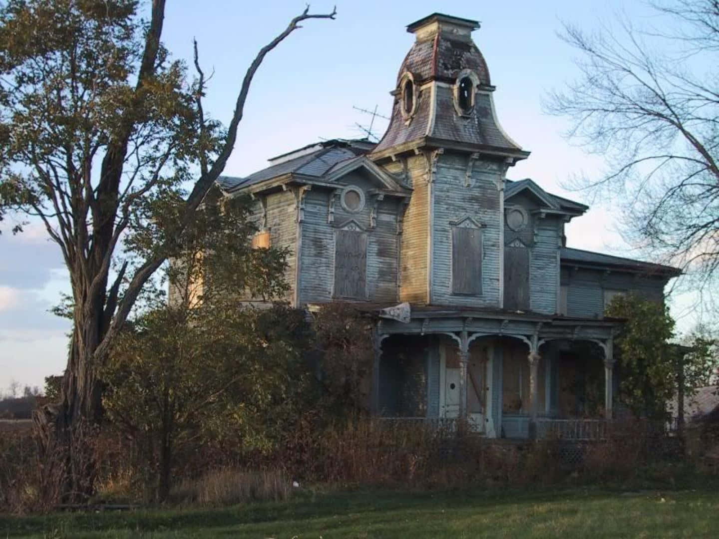 haunted 桌布 壁紙 — 一間被遺棄的維多利亞式房屋，藍色油漆剝落，窗戶破損，孤零零地矗立在蒼白天空下的草地上。