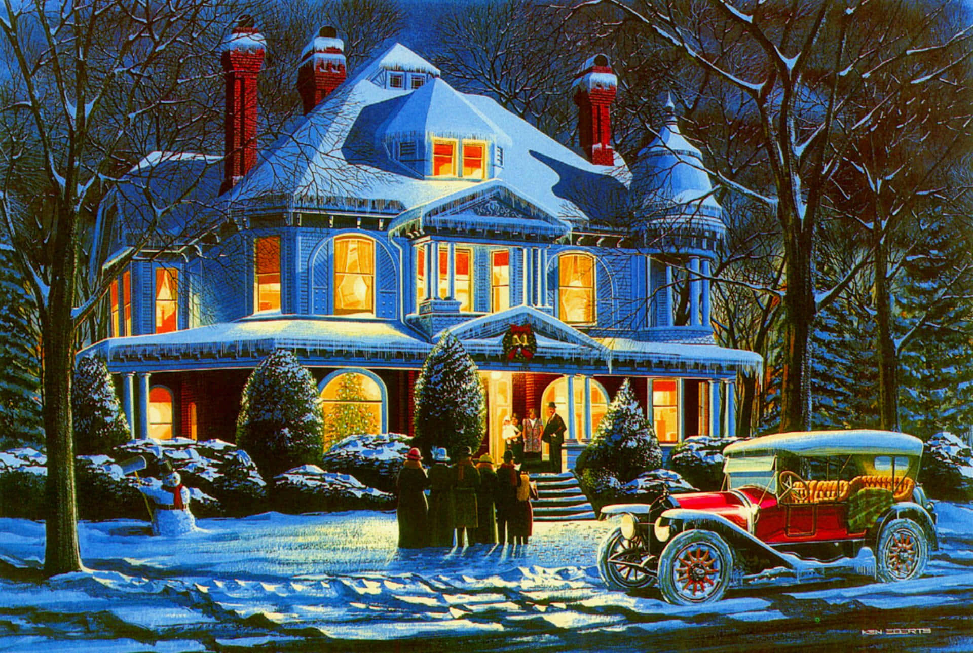 Vintage Christmas 桌布 壁紙 — 一間被雪覆蓋的宏偉維多利亞式房屋在夜晚溫暖地發光，客人們聚集在門廊旁，旁邊停著一輛復古紅色汽車。