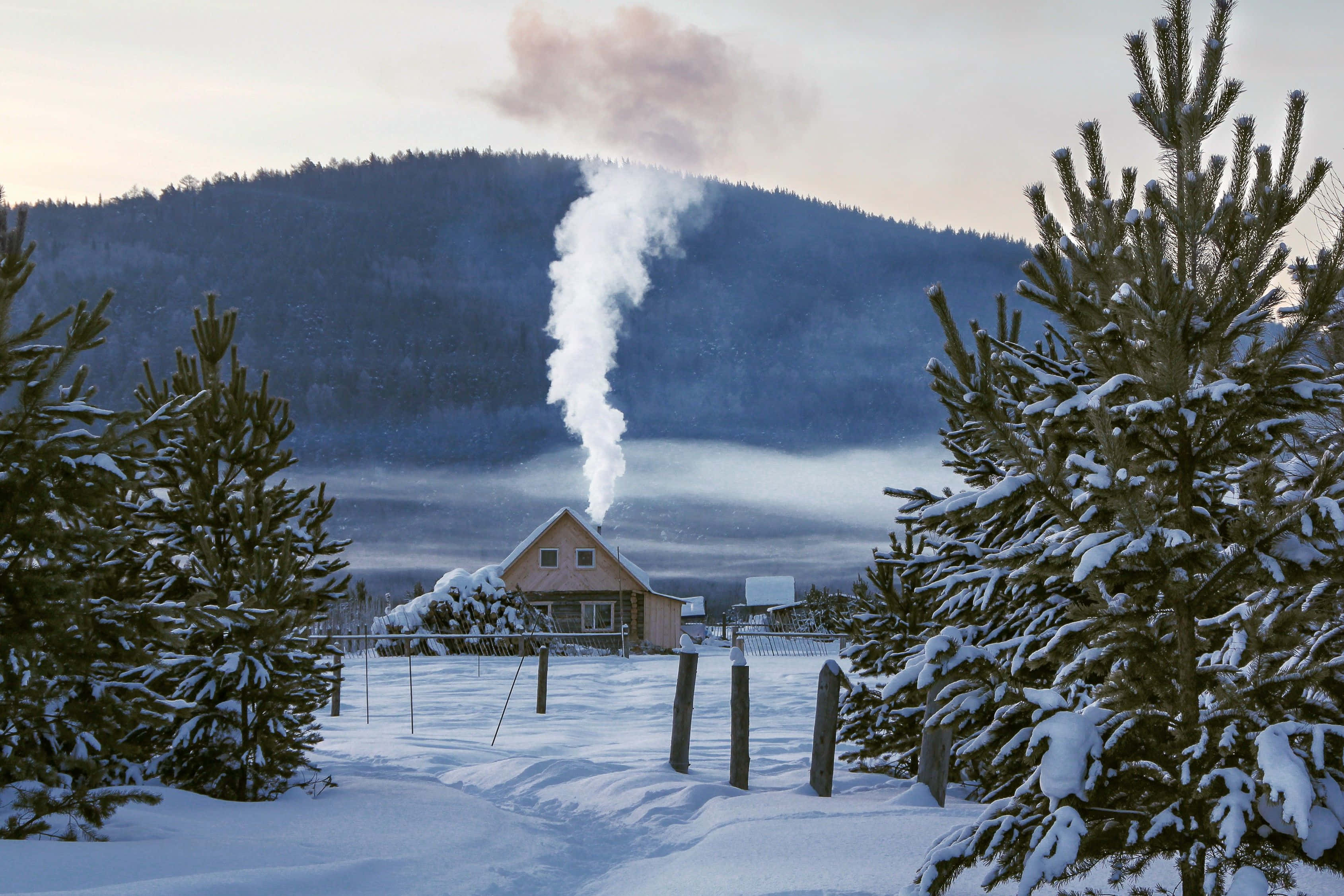 Snowy Village 桌布 壁紙 — 一間被雪覆蓋的小屋在霧濛濛的冬季山景背景下噴出一縷蒸氣，周圍是掛滿雪的松樹。