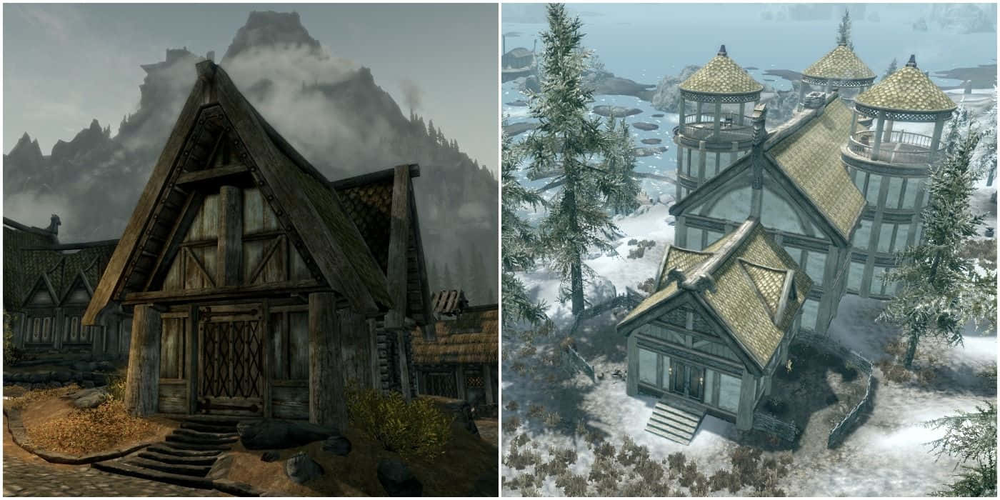 Heljarchen Hall 桌布 壁紙 — 一間質樸的木屋，陡峭的屋頂和石階，矗立在霧氣繚繞的山巒前，而一座宏偉的雪覆蓋大宅，帶有塔樓，俯瞰著冰冷的水域。