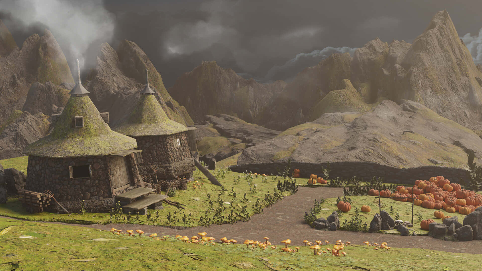 Hagrid's Hut 桌布 壁紙 — 一間質樸的石屋，帶有長滿苔蘚的圓錐形屋頂，坐落在霧氣瀰漫的山谷中，旁邊是南瓜田和蘑菇田。