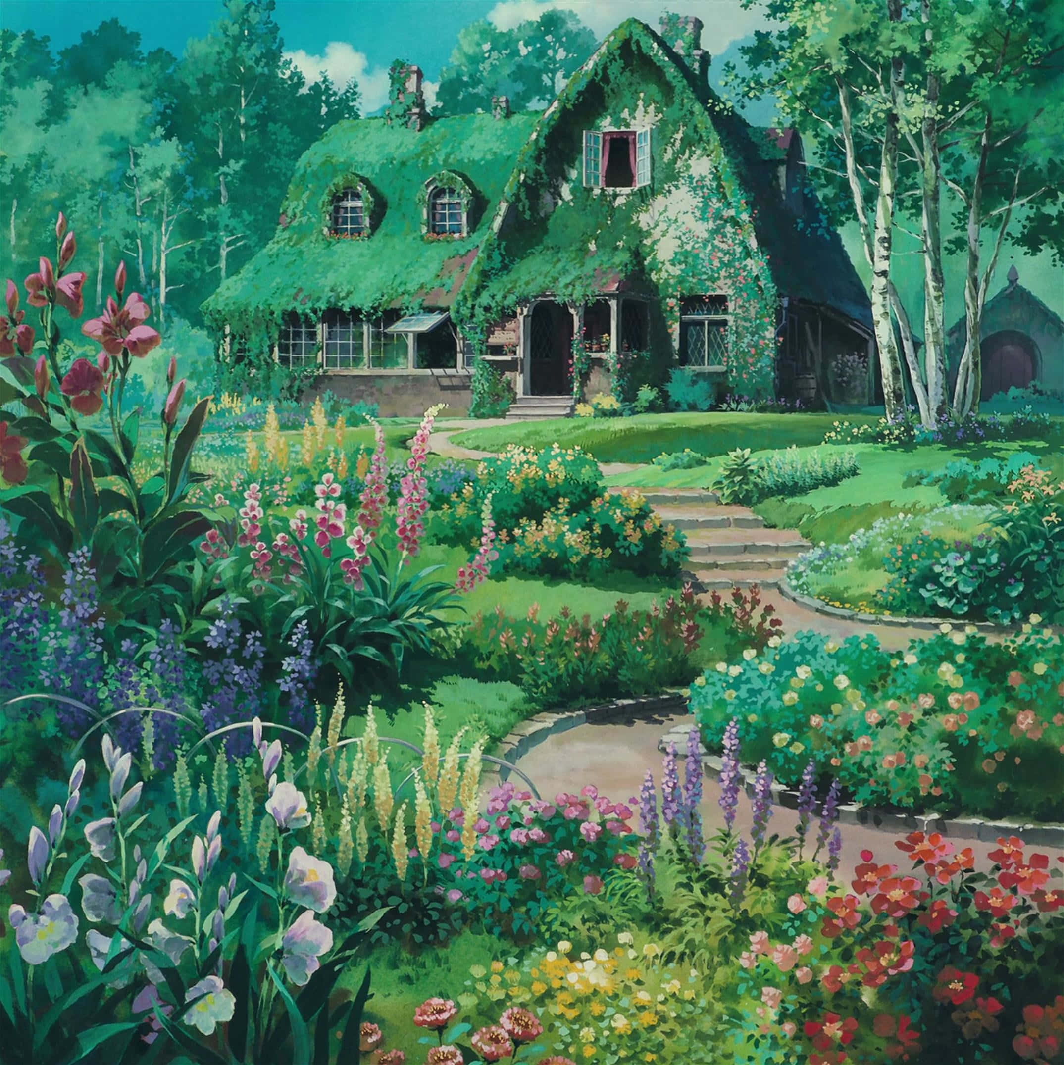 Studio Ghibli Art 桌布 壁紙 — 一間迷人的小屋，屋頂長滿青苔，坐落於充滿活力的花園中，花園裡開滿了五顏六色的花朵，還有蜿蜒的石徑。