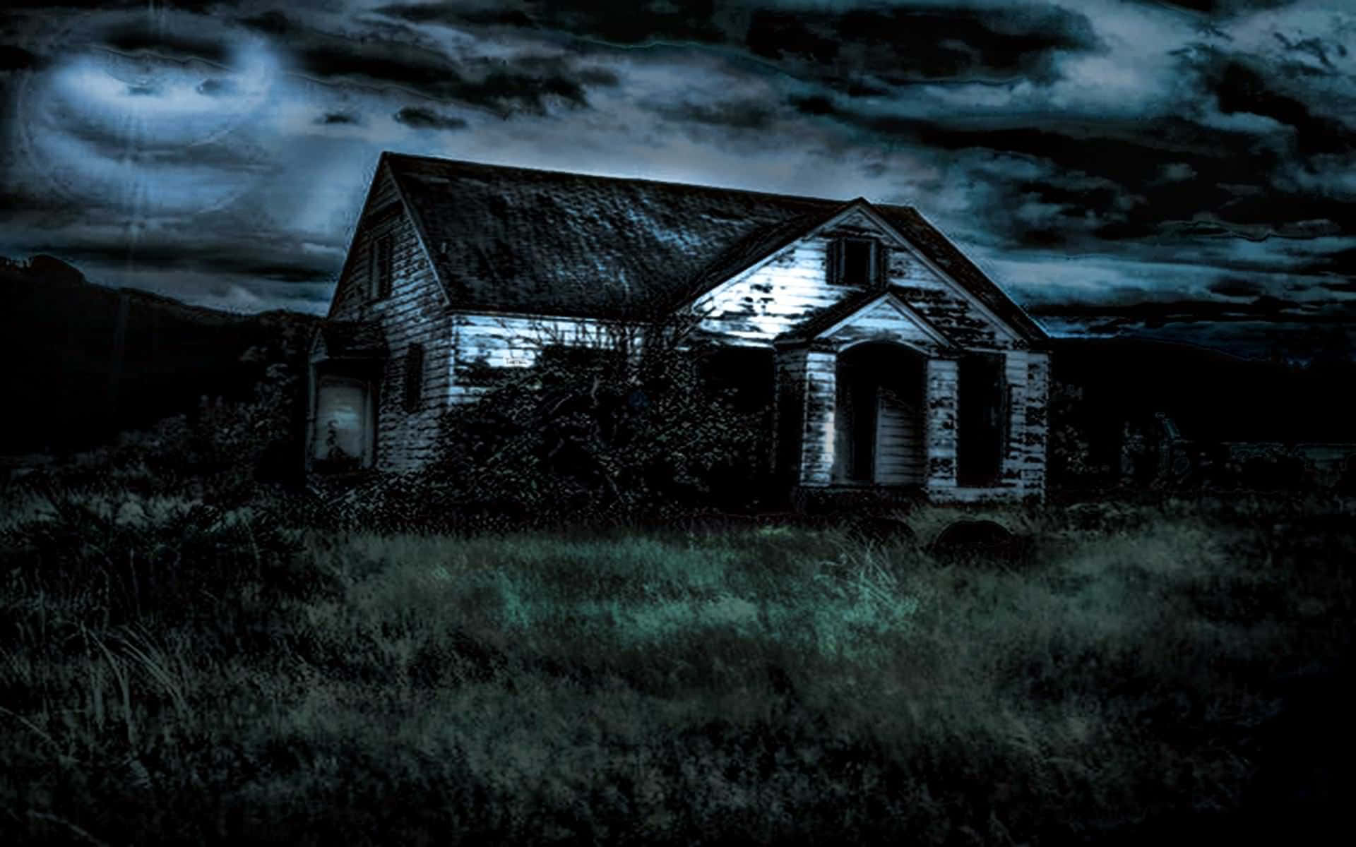 Unsettling 桌布 壁紙 — 一間陰森的廢棄房屋孤獨地矗立在暴風雨的夜空下，發光的月光在腐朽的木牆上投下陰影。