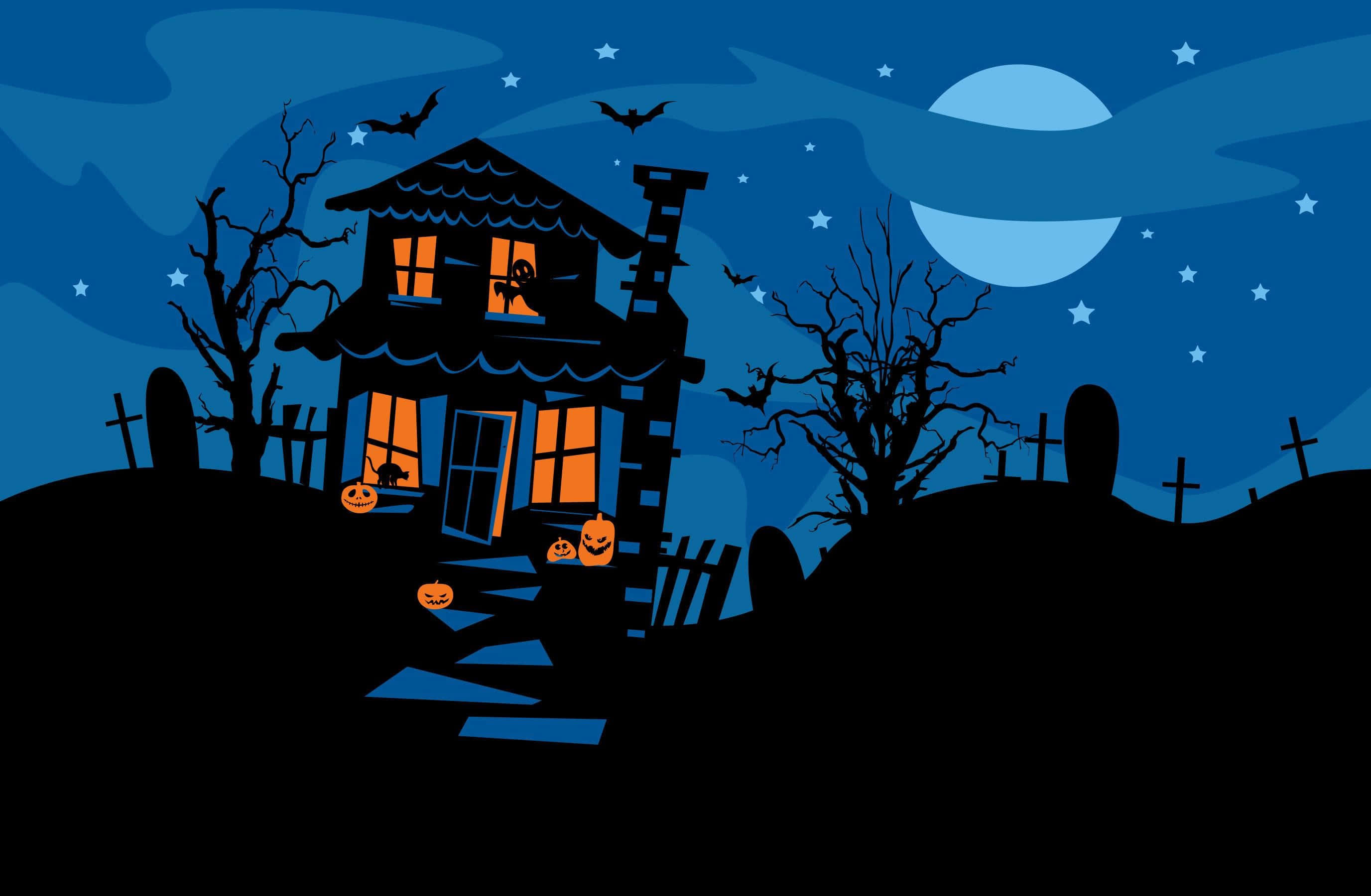 haunted 桌布 壁紙 — 一間陰森鬼屋，窗戶發光，門前有南瓜燈，背景是滿天星斗的夜空、蝙蝠和一輪滿月。
