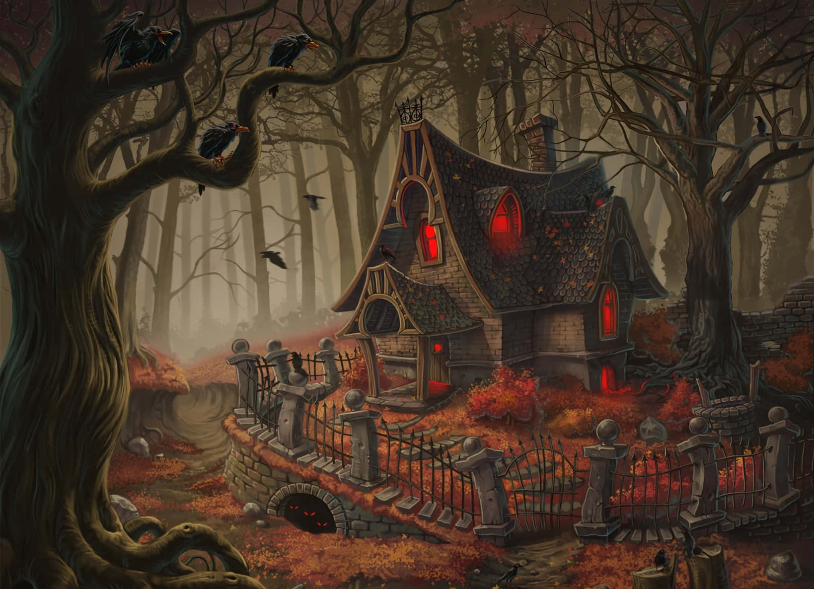 Haunted Forests 桌布 壁紙 — 一間陰森鬼屋，窗戶發出紅光，坐落於霧氣瀰漫的秋日森林中，四周環繞著烏鴉和扭曲的樹木。