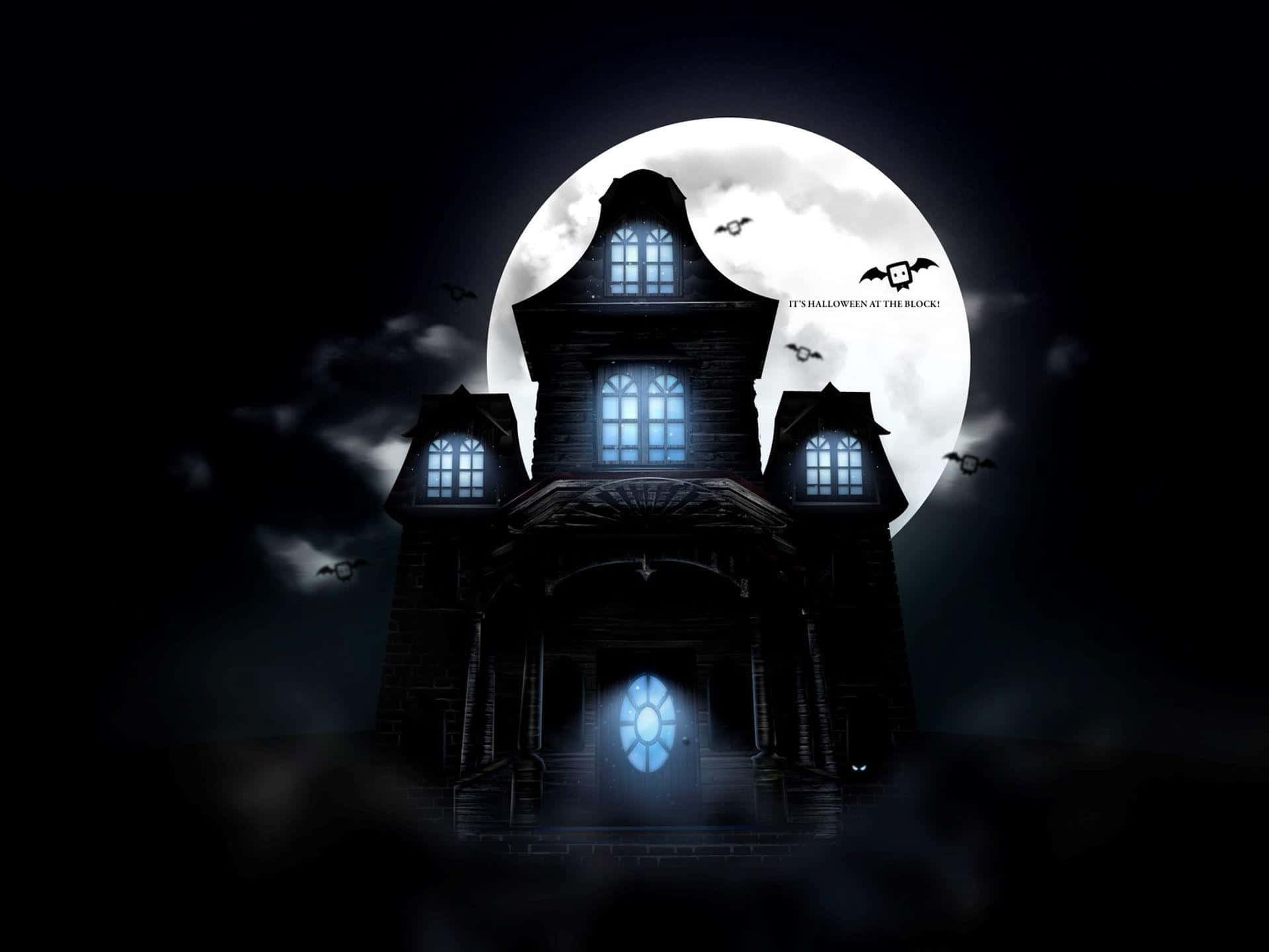 haunted 桌布 壁紙 — 一間陰森鬼屋帶有發光的藍色窗戶，矗立在滿月前，蝙蝠在黑暗的夜晚場景中圍繞它飛翔。