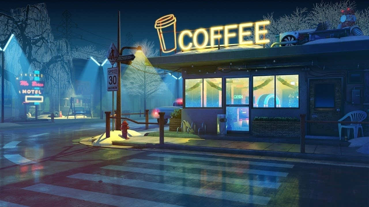 Lo Fi Aesthetic 桌布 壁紙 — 一間霓虹燈照亮的咖啡店在雪夜中溫暖地發光，濕漉漉的人行道反射出五彩繽紛的燈光。