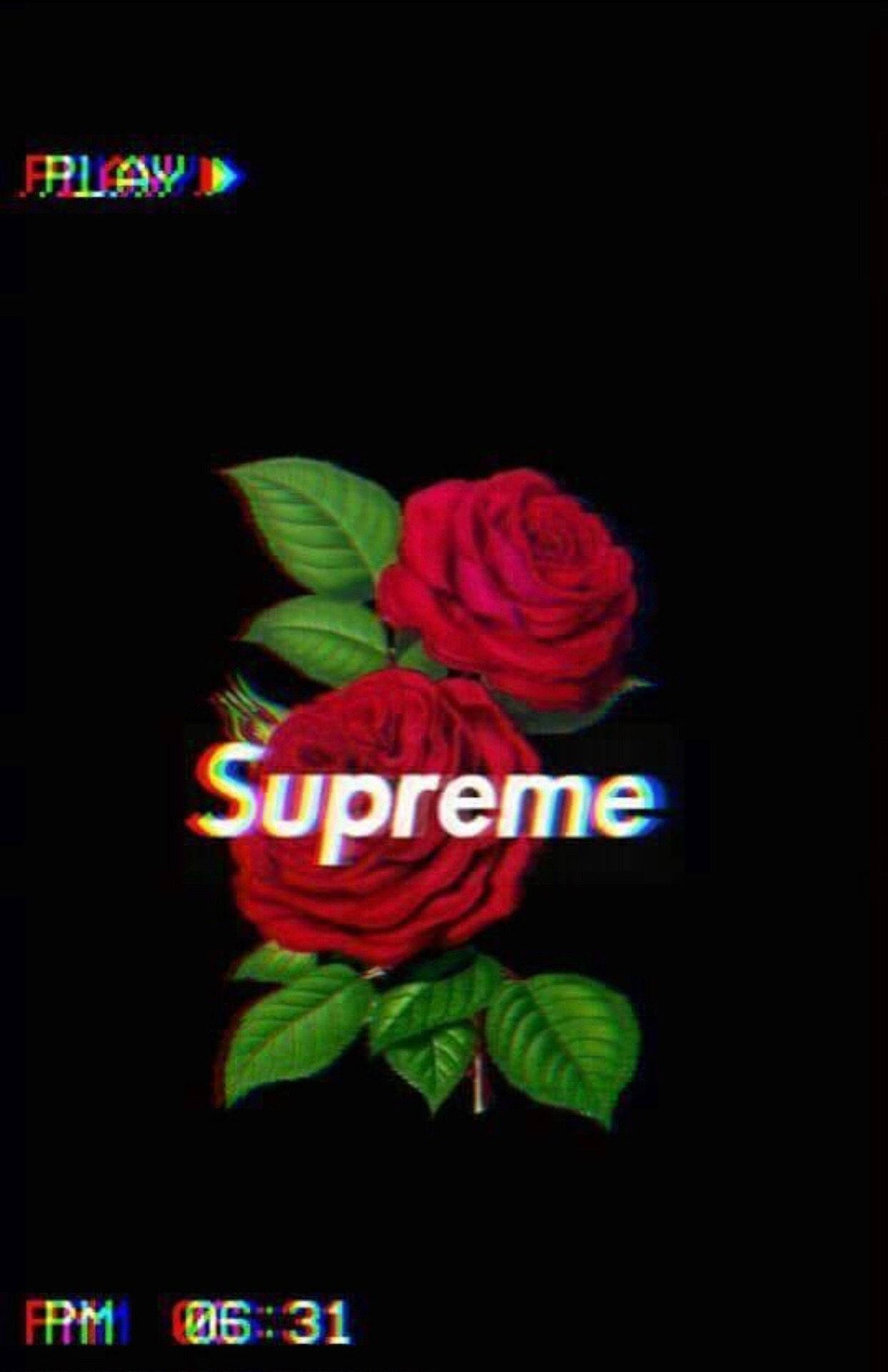 黑色背景上兩朵紅玫瑰配綠葉及故障風格Supreme文字。