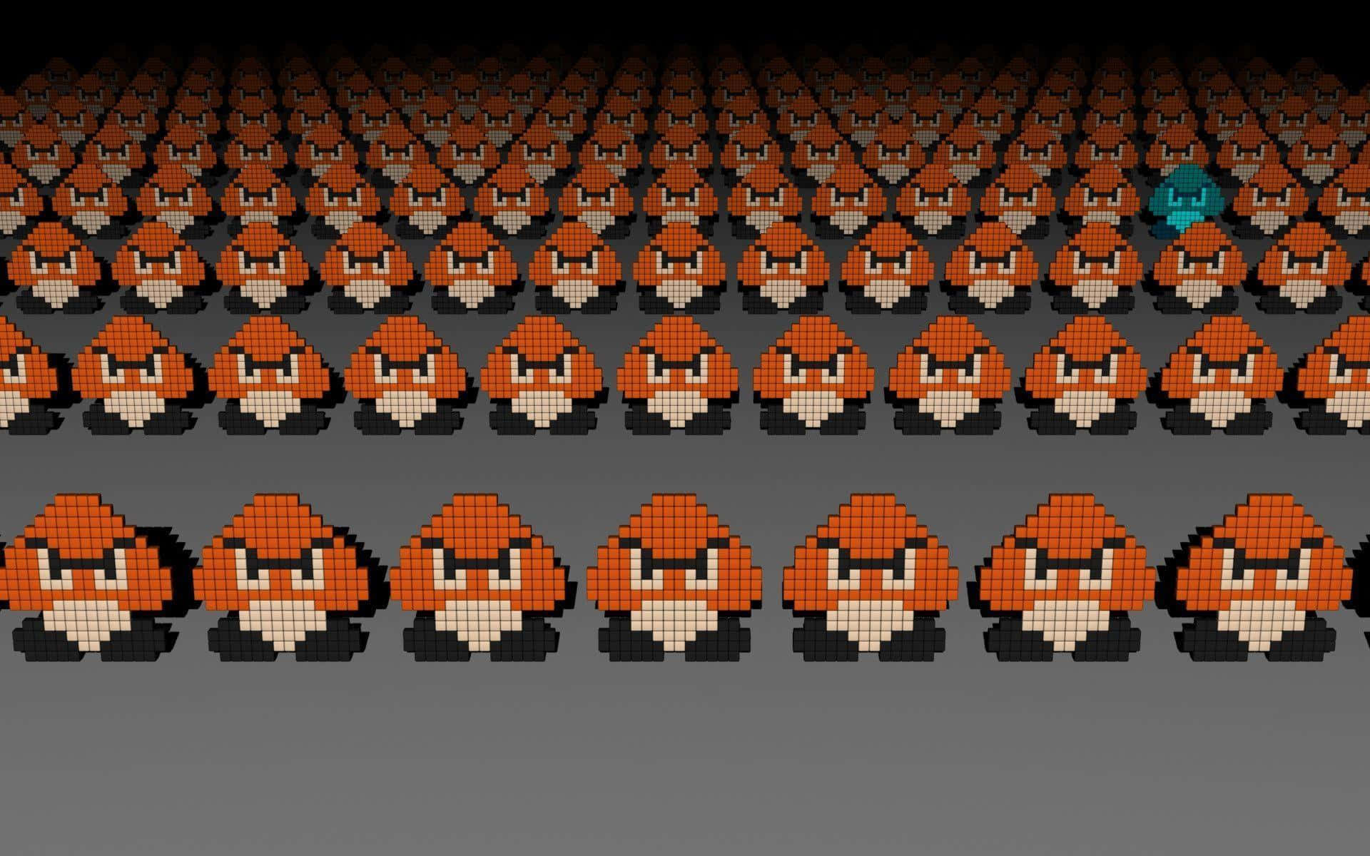 Goomba 桌布 壁紙 — 一隊像素化的橙色栗子仔排成行列前進，遠處有一隻藍色慢慢龜格外突出。