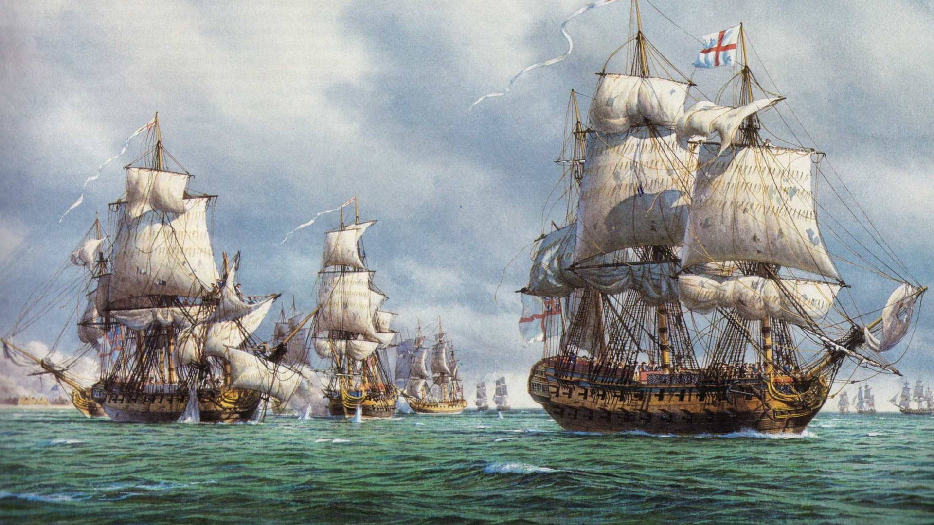 歷史戰艦在公海上進行海戰，風帆鼓滿。