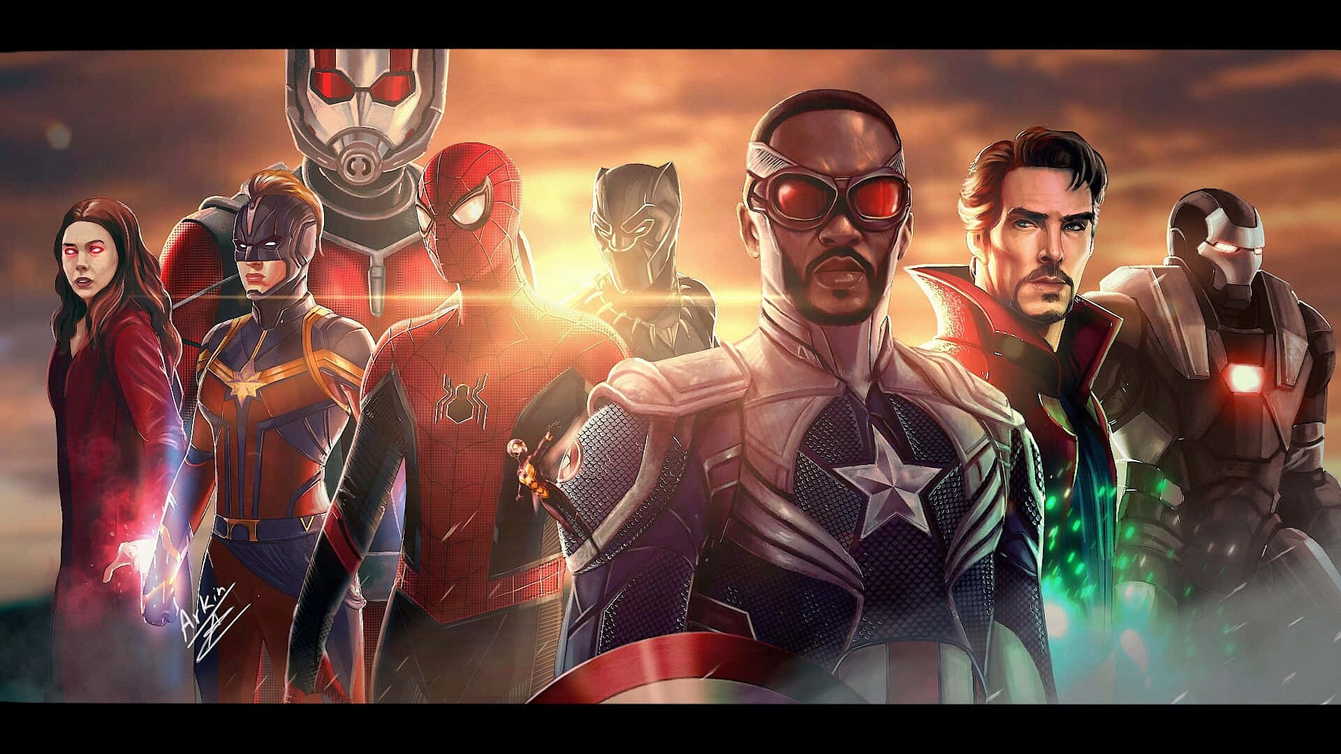 New Avengers 桌布 壁紙 — 一隊動態的Marvel超級英雄在閃耀的日落天空下英勇地站立。