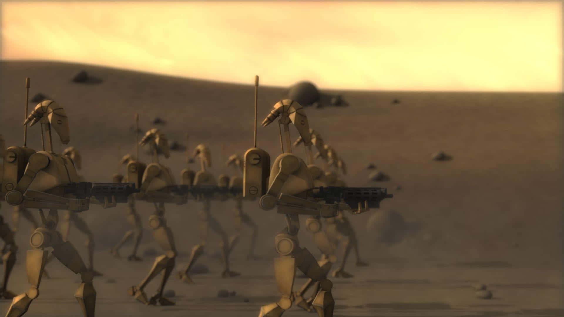 Droid Army 桌布 壁紙 — 一隊戰鬥機械人在朦朧的橙色天空下，穿越荒蕪的沙漠行軍。