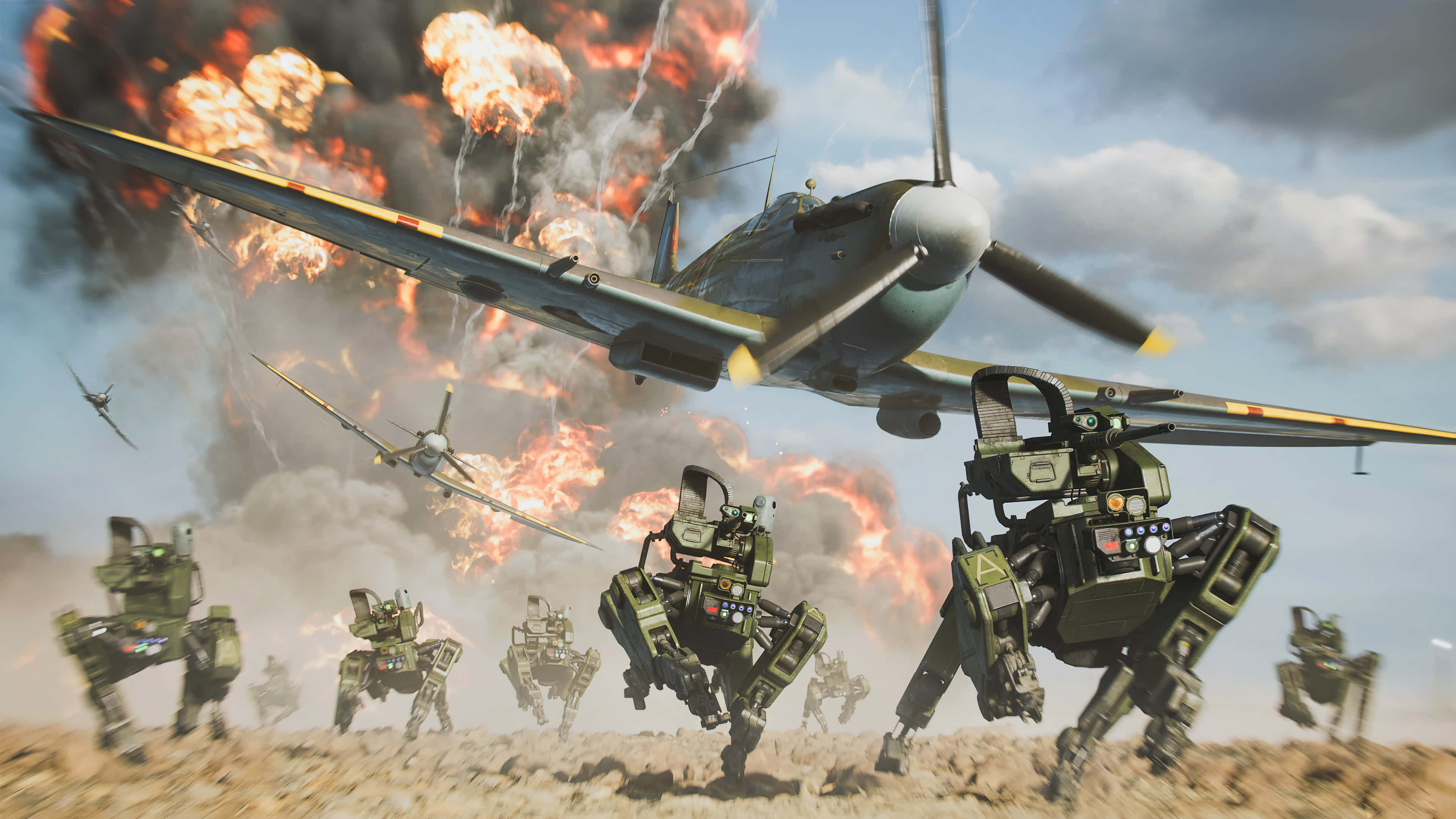 Fps 桌布 壁紙 — 一隊戰鬥機穿過熾熱的爆炸俯衝，而裝甲戰鬥機器人在飽受戰爭蹂躪的戰場上行進。