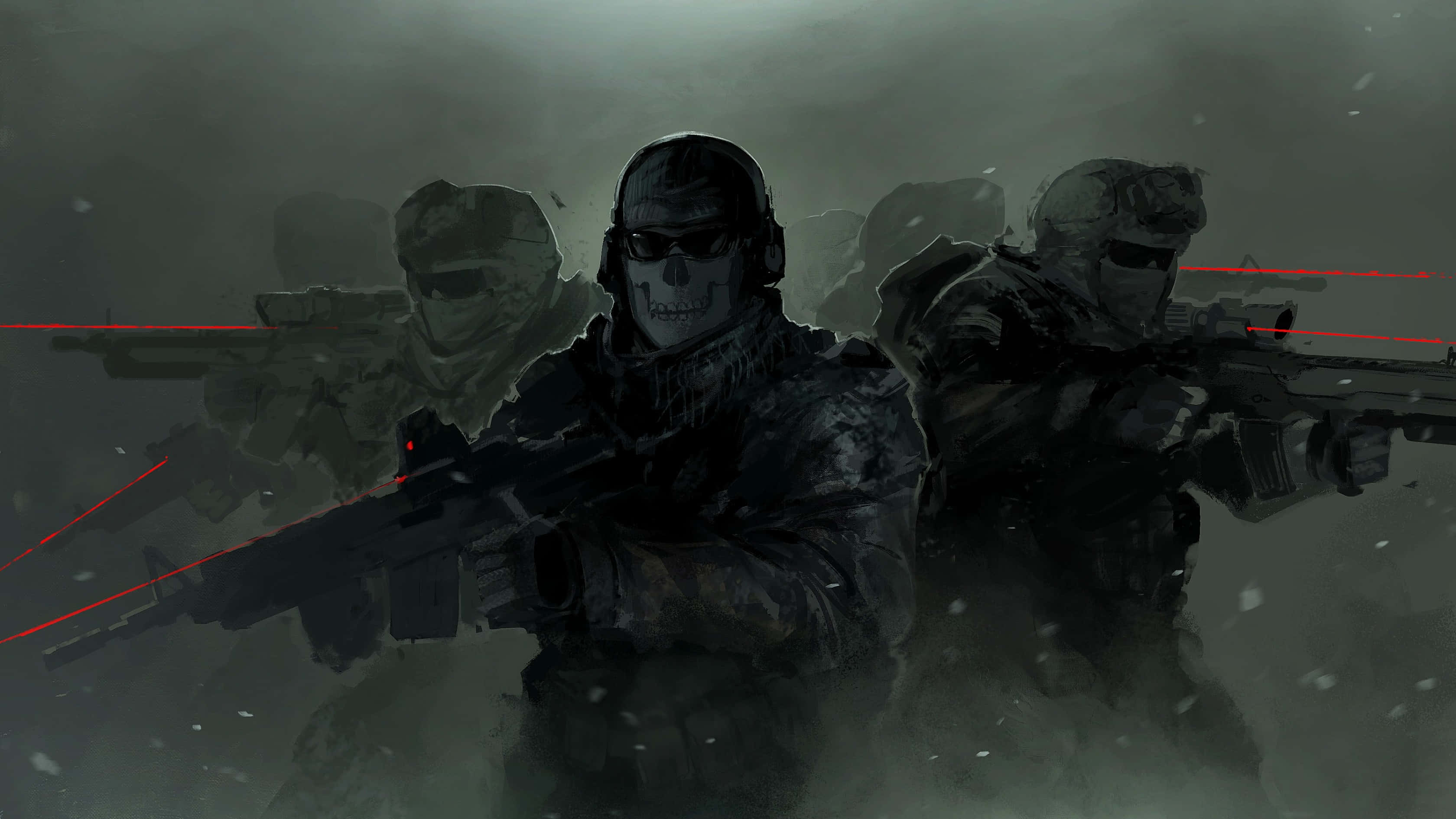 Call Of Duty First Person Shooter 桌布 壁紙 — 一隊戴面具的士兵穿著黑色裝備，在雪地戰場上前進，紅色激光瞄準器閃爍發光。