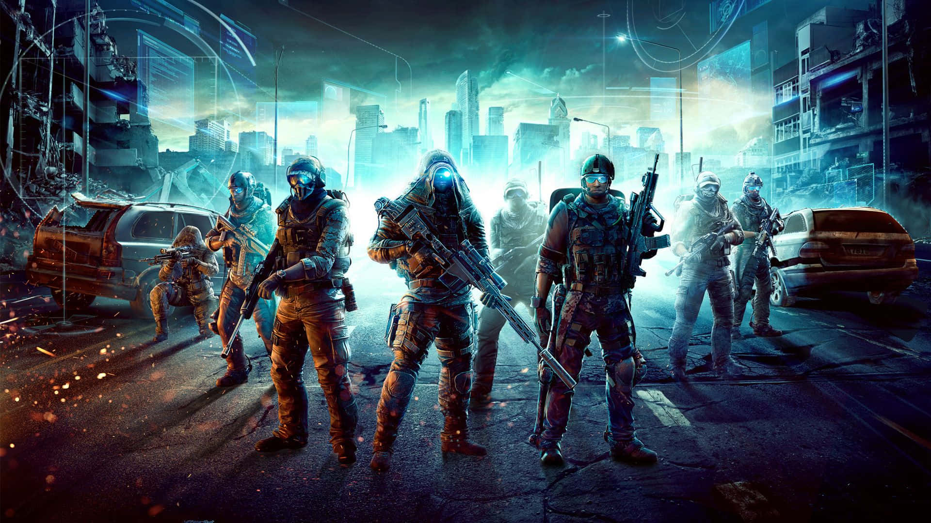 Action Games 桌布 壁紙 — 一隊未來戰術士兵在夜間霓虹燈照亮的反烏托邦城市廢墟中準備就緒。