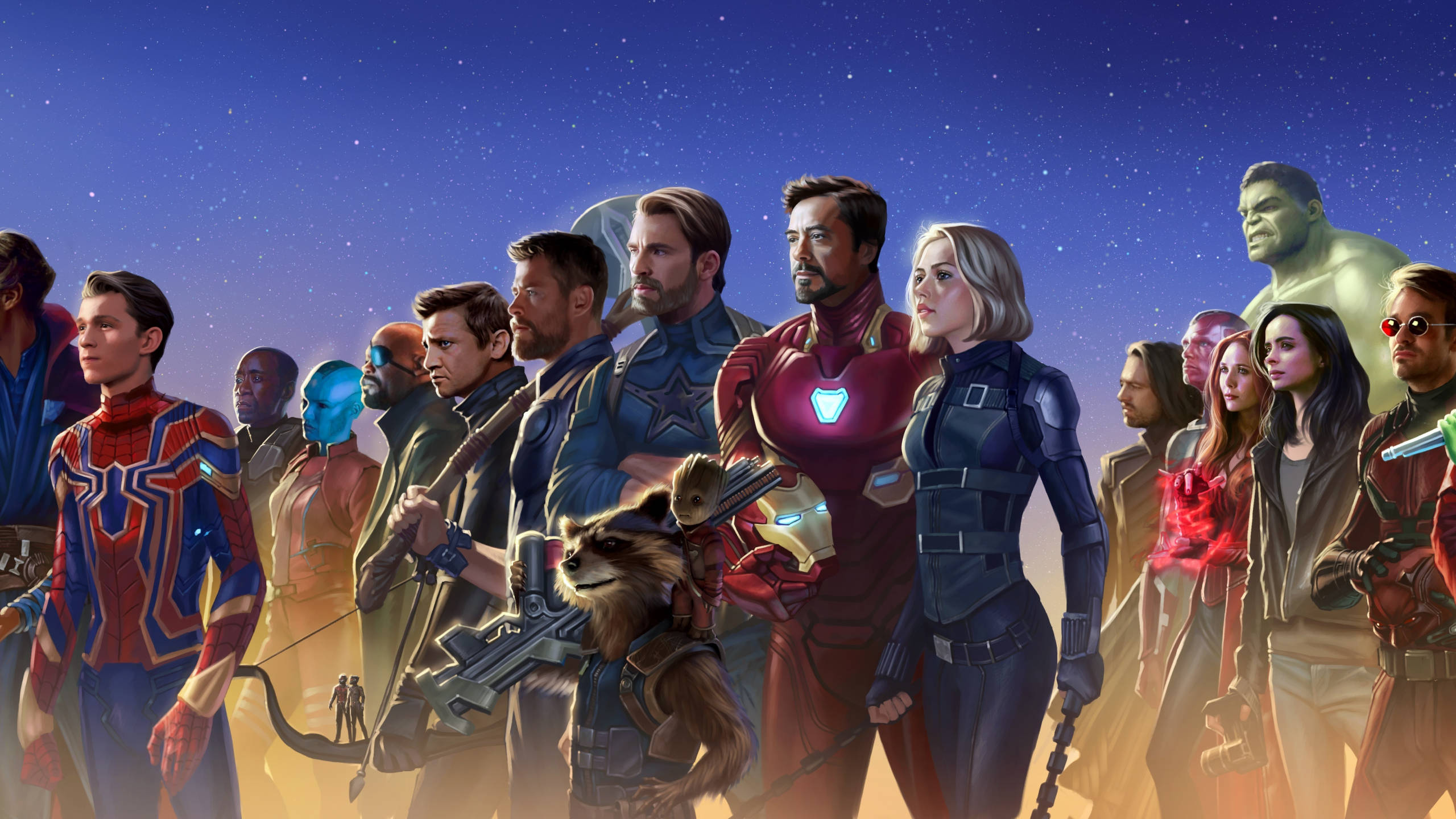 復仇者聯盟 桌布 壁紙 — 一隊英勇的Marvel超級英雄在星光燦爛的暮色天空下團結一致，閃耀的盔甲和堅定的表情準備好戰鬥。