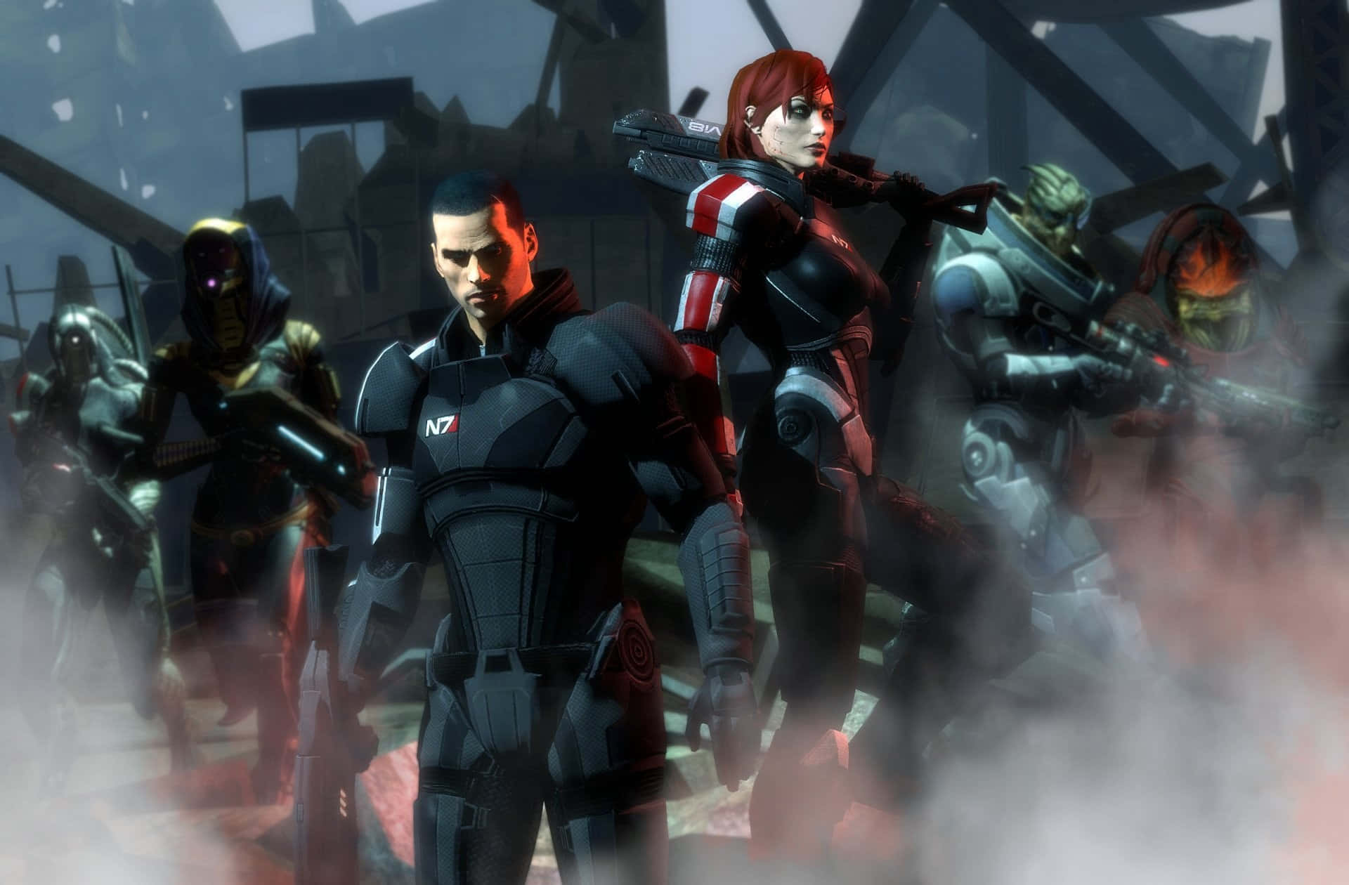 Garrus Vakarian 桌布 壁紙 — 一隊裝甲士兵在煙霧瀰漫的廢墟戰場上準備就緒，手持發光武器，配備暗色未來風格裝備。
