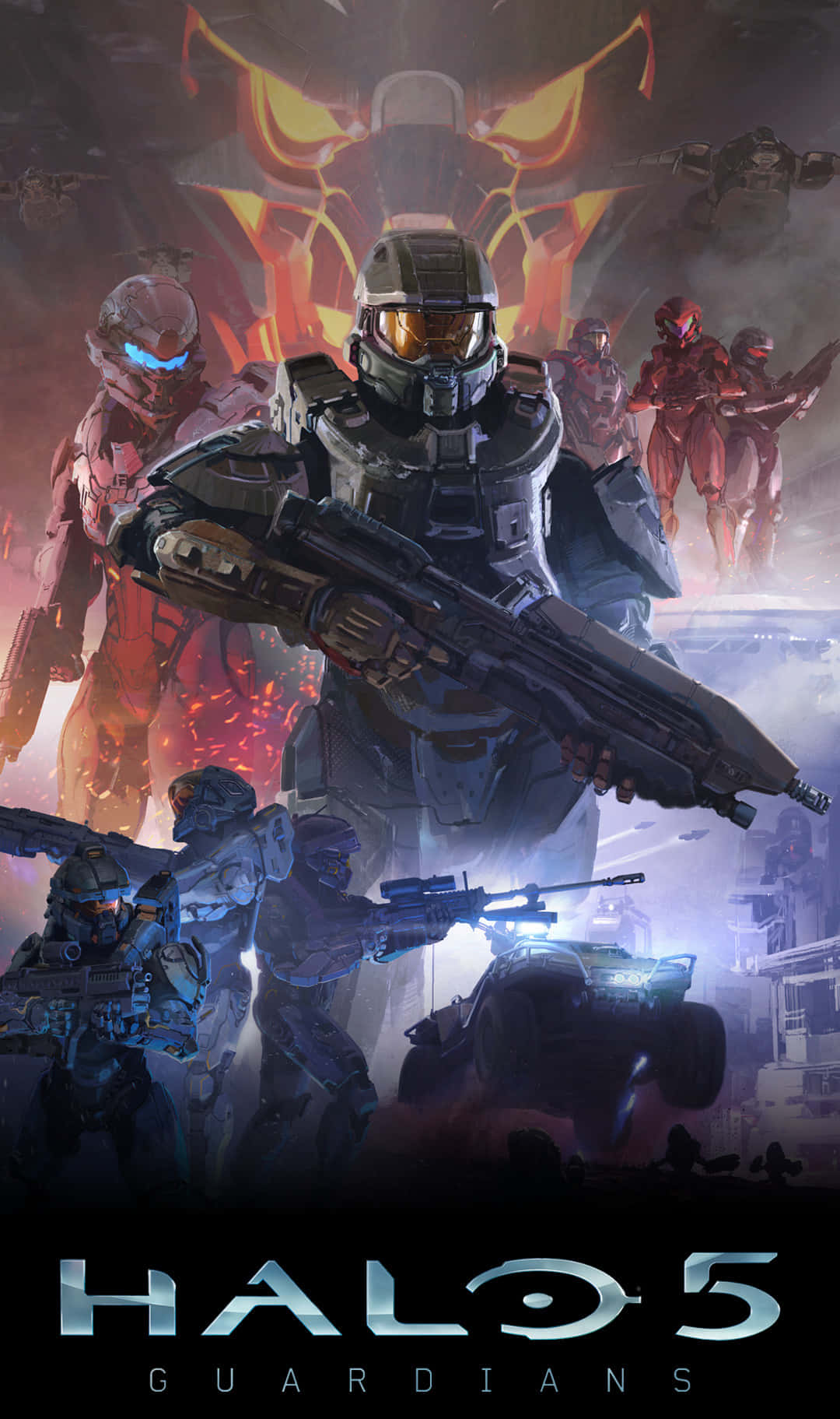 Halo 5 Blue Team 桌布 壁紙 — 一隊裝甲士兵在熾熱的科幻戰場上準備就緒，身後有一個發光的外星面孔隱約出現。