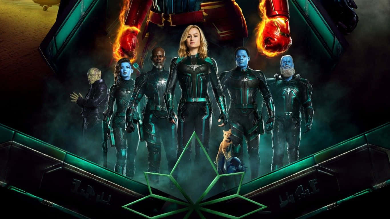 1366x768 Marvel 桌布 壁紙 — 一隊身穿時尚黑色和藍綠色套裝的超級英雄，在黑暗煙霧繚繞的背景前英勇站立，上方有發光的綠色幾何圖案和熾熱的紅色拳頭若隱若現。