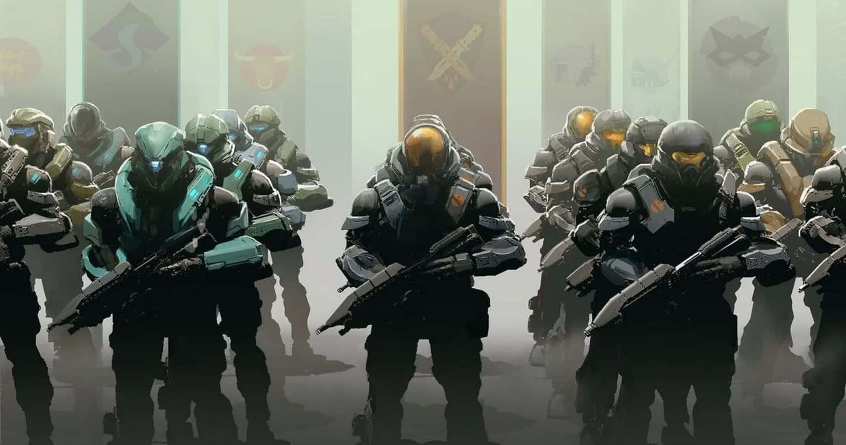 Halo Spartans 桌布 壁紙 — 一隊身穿未來裝備的裝甲士兵在昏暗的走廊中列隊，武器已拔出。