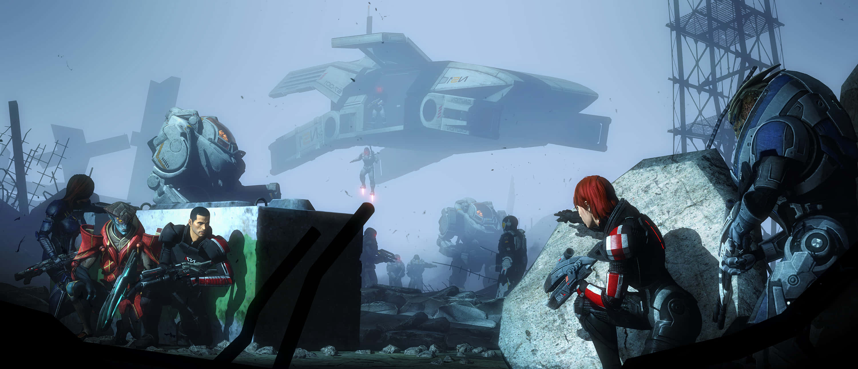 Mass Effect Cerberus 桌布 壁紙 — 一隊身穿紅黑裝備的未來士兵蹲在瓦礫後面，而一架巨大的懸浮機甲籠罩在廢墟戰場上。