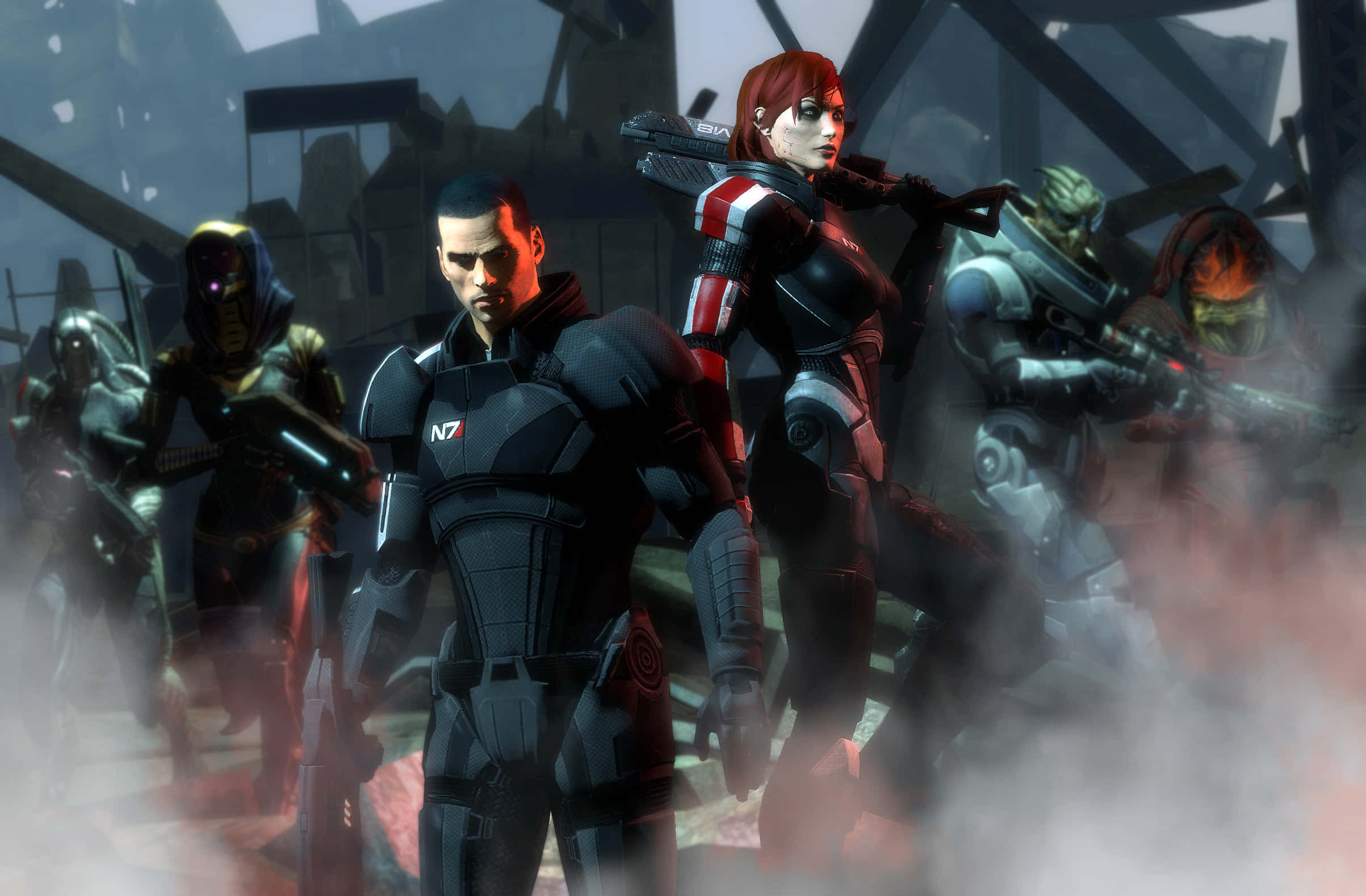 Mass Effect Femshep 桌布 壁紙 — 一隊身穿黑色裝甲的未来士兵在煙霧彌漫的廢墟戰場上手持發光武器準備就緒。