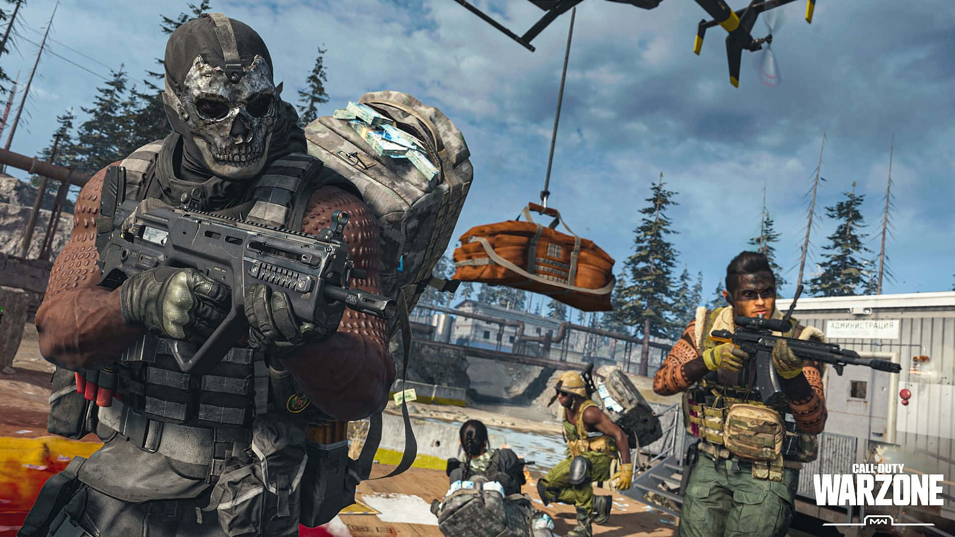 Call Of Duty First Person Shooter 桌布 壁紙 — 一隊配備戰術裝備的武裝士兵在戰區待命，頭頂有直升機盤旋。