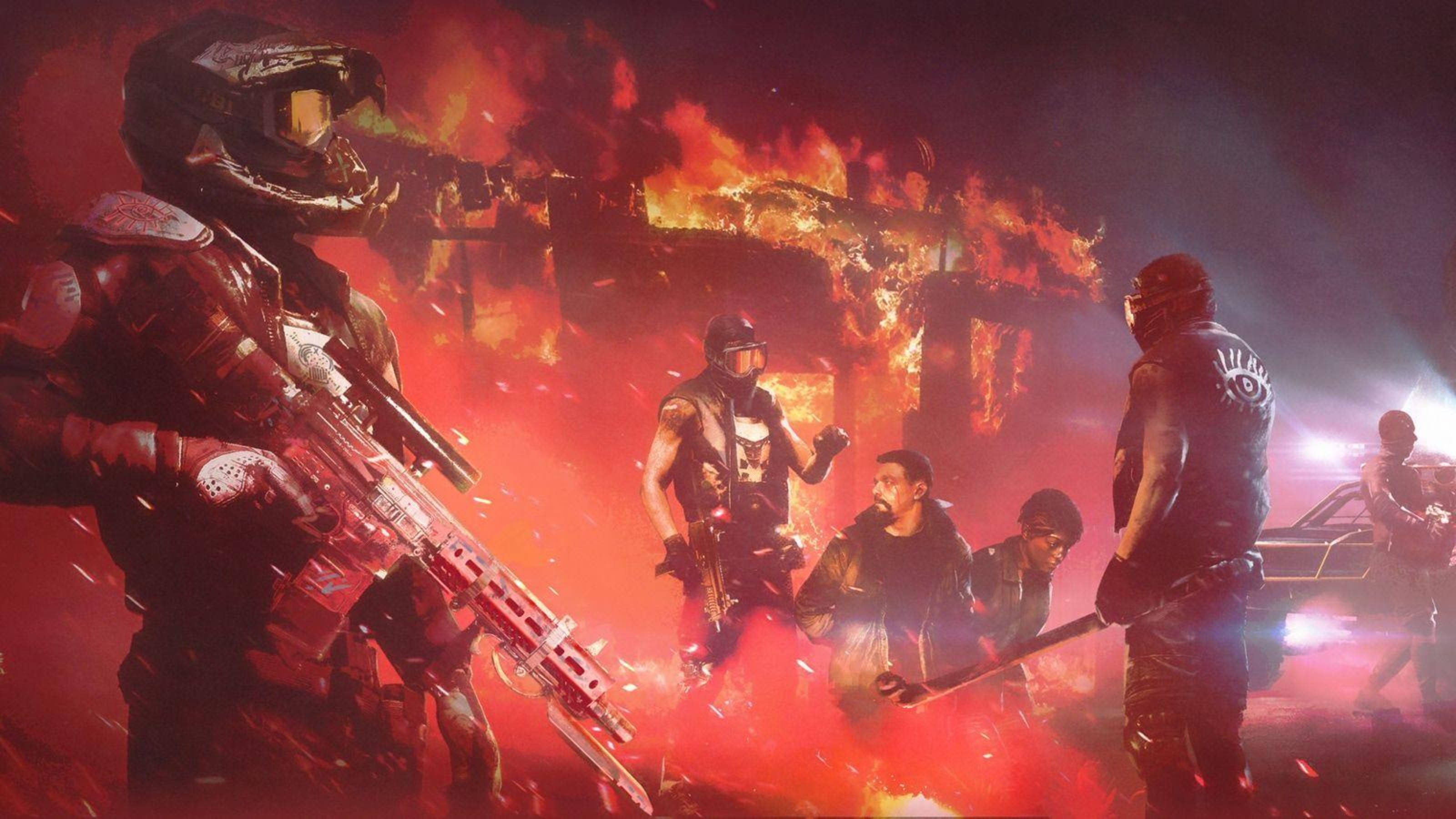 Far Cry New Dawn Highwaymen 壁紙 — 一隊配備未來裝備的武裝士兵在夜間穿越燃燒的城市廢墟作戰。