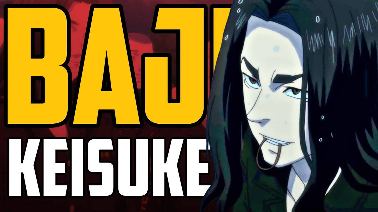 一隊隊長Keisuke Baji 壁紙 — 一個深色頭髮、戴舌環的動漫角色，在紅色背景上，旁邊有粗體黃色和白色文字「BAJ KEISUKE」，眼神銳利地凝視。