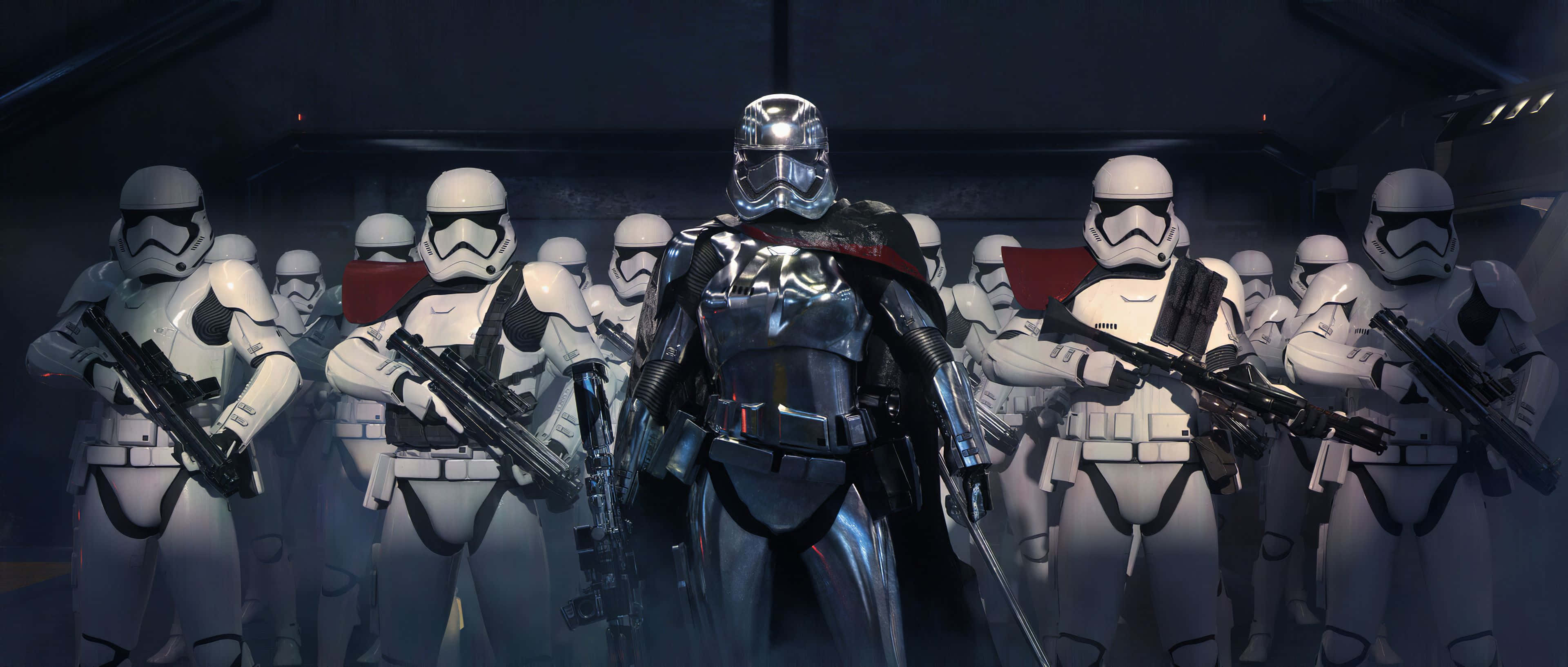 Captain Phasma 桌布 壁紙 — 一隊風暴兵在昏暗的走廊中列隊，中央有一位裝甲人物。