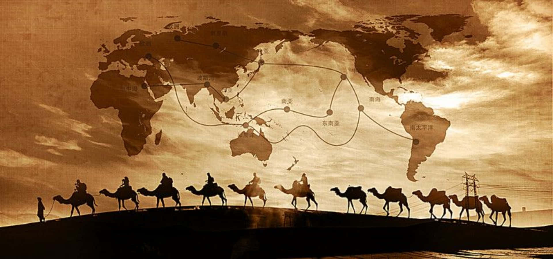 一隊駱駝與世界地圖 壁紙 — 駱駝和騎手的剪影商隊在深褐色調的世界地圖和古代貿易路線下穿越沙丘。