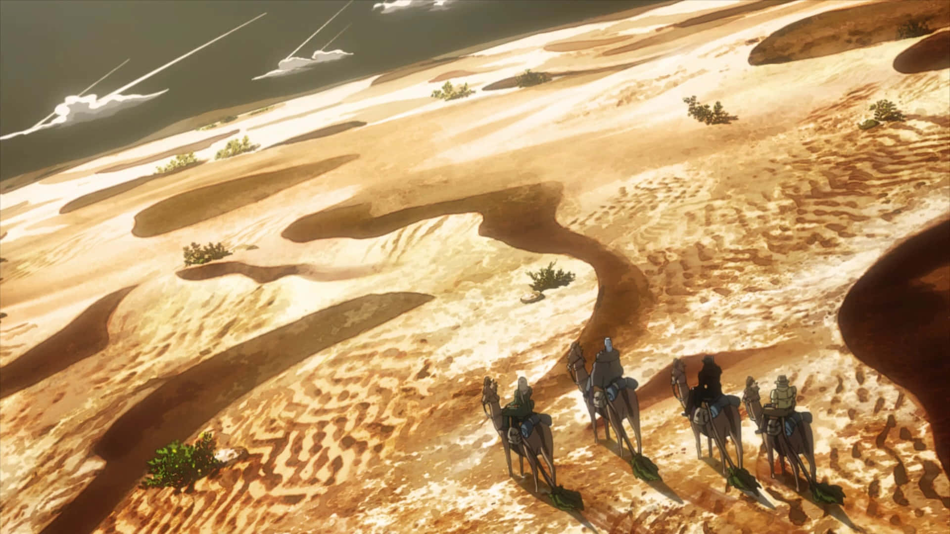 Stardust Crusaders 桌布 壁紙 — 一隊騎著駱駝的商隊，在帶有條紋雲彩的戲劇性天空下，穿越廣闊的金色沙漠。