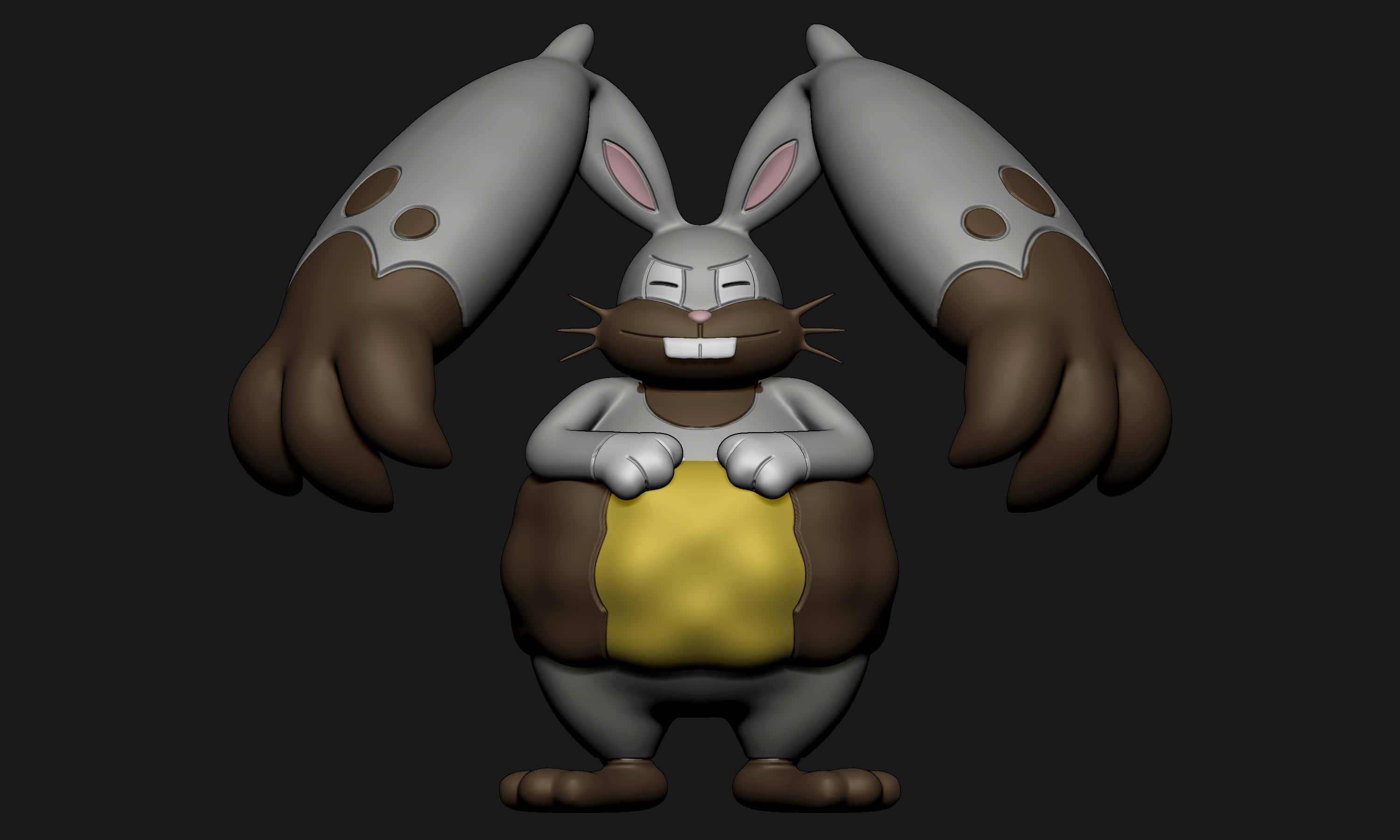 3D Diggersby 壁紙 — 一隻3D渲染的卡通兔，擁有超大的手臂和黃色肚子，站在深色背景前。
