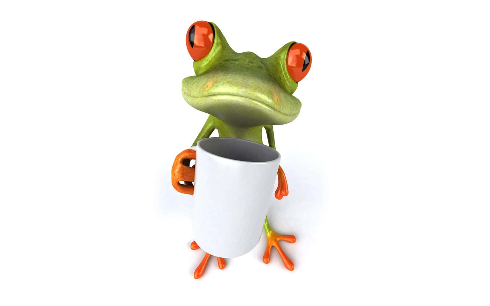 Cute Frog 桌布 壁紙 — 一隻3D渲染的卡通青蛙，擁有明亮的橙色眼睛和四肢，在純白色背景前拿著一個白色馬克杯。