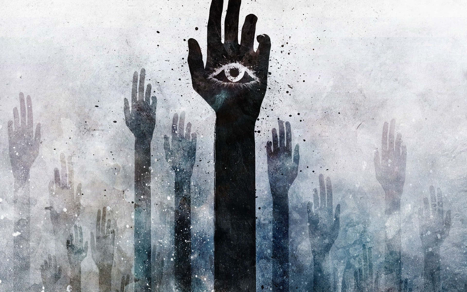 Hamsa 桌布 壁紙 — 一隻中央的手帶有全視之眼，在許多半透明的手之上升起，背景為有紋理的灰藍色。