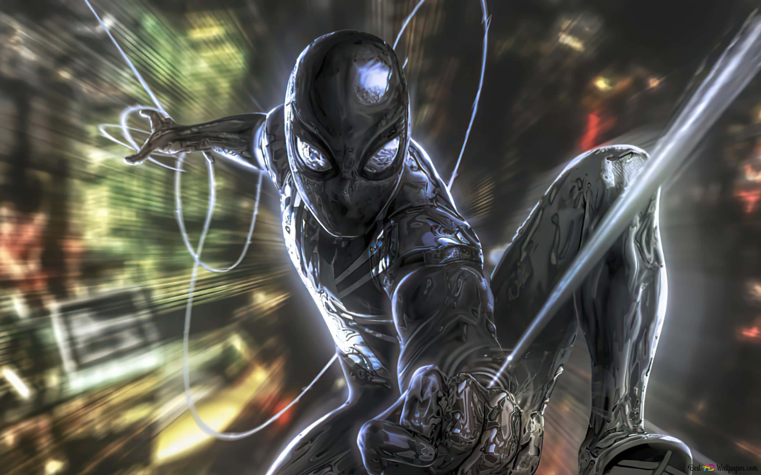 Symbiote 桌布 壁紙 — 一隻亮面黑色蜘蛛俠跳過霓虹燈照亮的城市景觀，蜘蛛網線條以動態模糊的方式掠過。