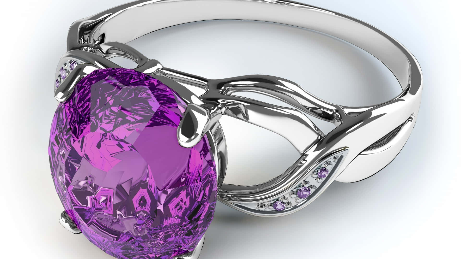 Purple Jewelry 桌布 壁紙 — 一隻令人驚嘆的3D渲染銀戒指，鑲有一顆大型刻面紫色寶石和較小的紫色點綴，置於潔淨的白色背景上。