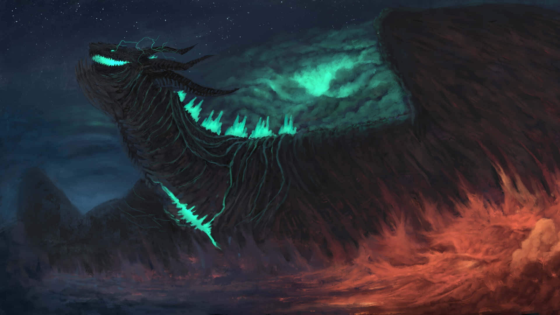 一隻令人驚嘆的巨龍展現其威嚴 壁紙 — 一隻巨大的黑暗龍，擁有發光的藍綠色眼睛和脊椎，在繁星點點的夜空下噴出熾熱的橙色火焰。