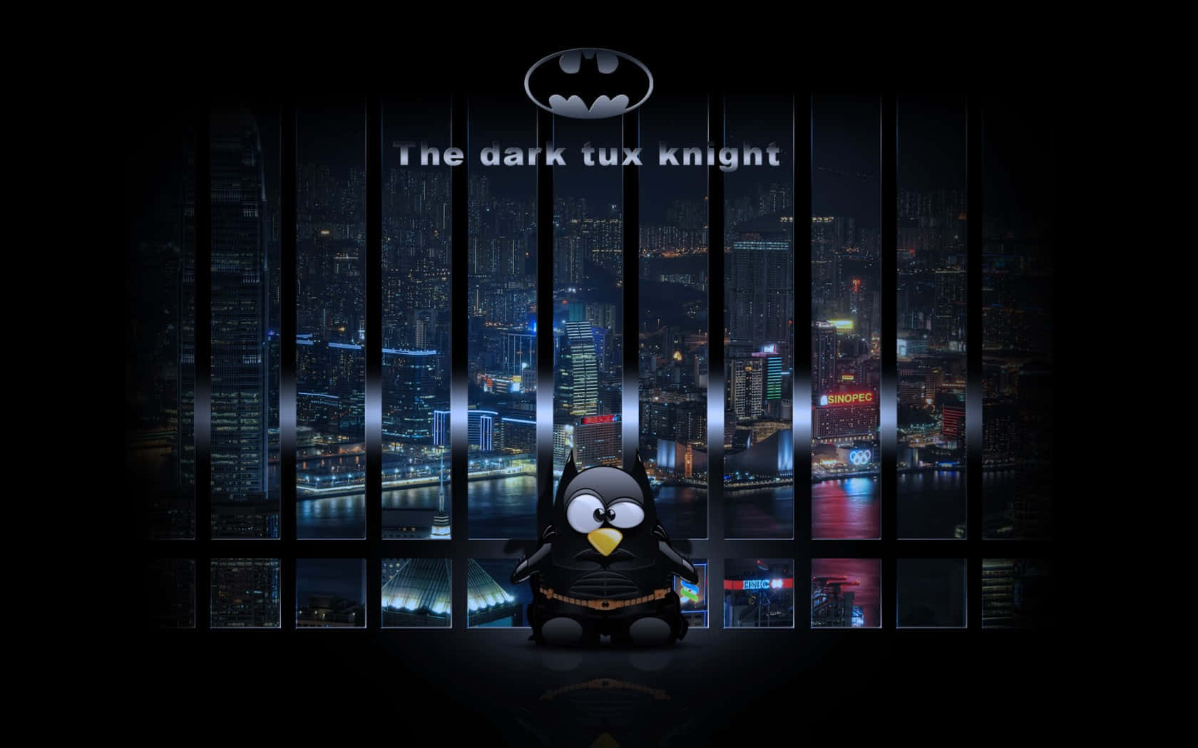 Linux 背景圖：企鵝在籠中眺望城市