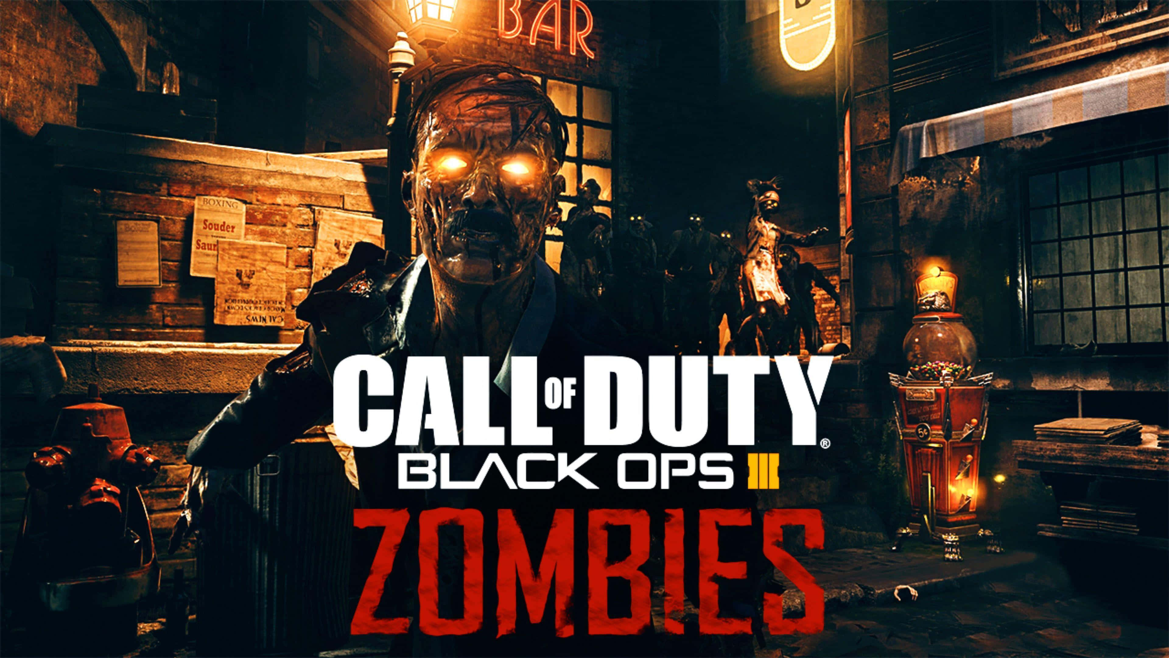 Black Ops 3 桌布 壁紙 — 一隻來自《Call of Duty Black Ops III Zombies》的可怕喪屍，雙眼發光，潛伏在燈光昏暗、霓虹燈閃爍的酒吧小巷中。