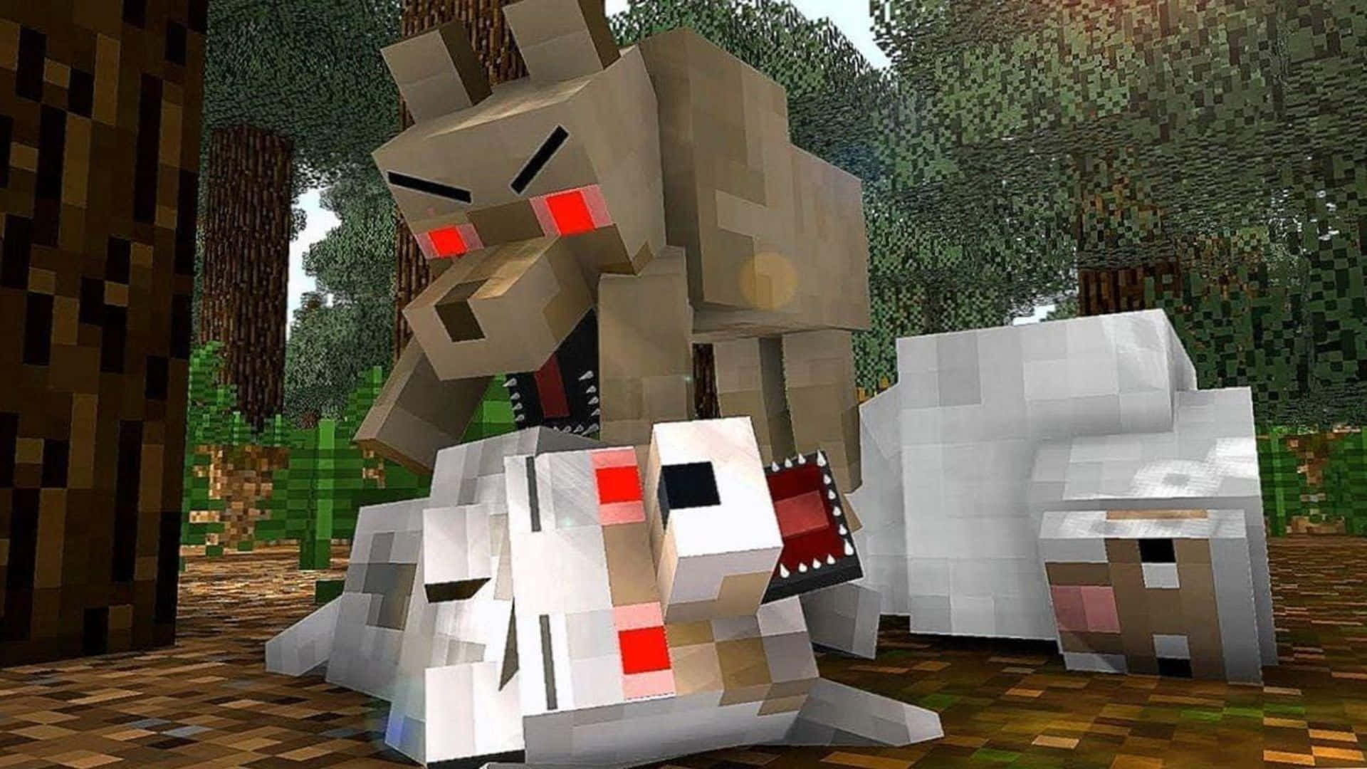 Minecraft Wolf 桌布 壁紙 — 一隻像素化嘅Minecraft狼，發光嘅紅色眼睛，喺有方塊樹同草嘅森林入面攻擊一隻羊。