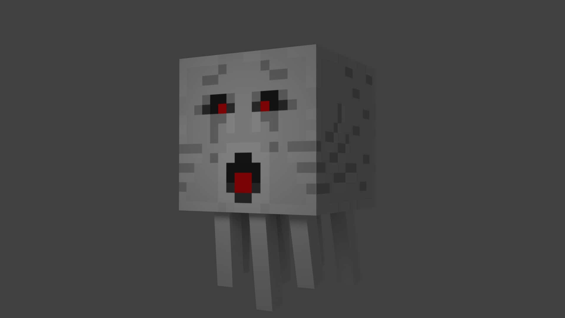 Minecraft Ghast 桌布 壁紙 — 一隻像素化灰色蜘蛛，有紅色眼睛和嘴巴，站在深灰色背景前。