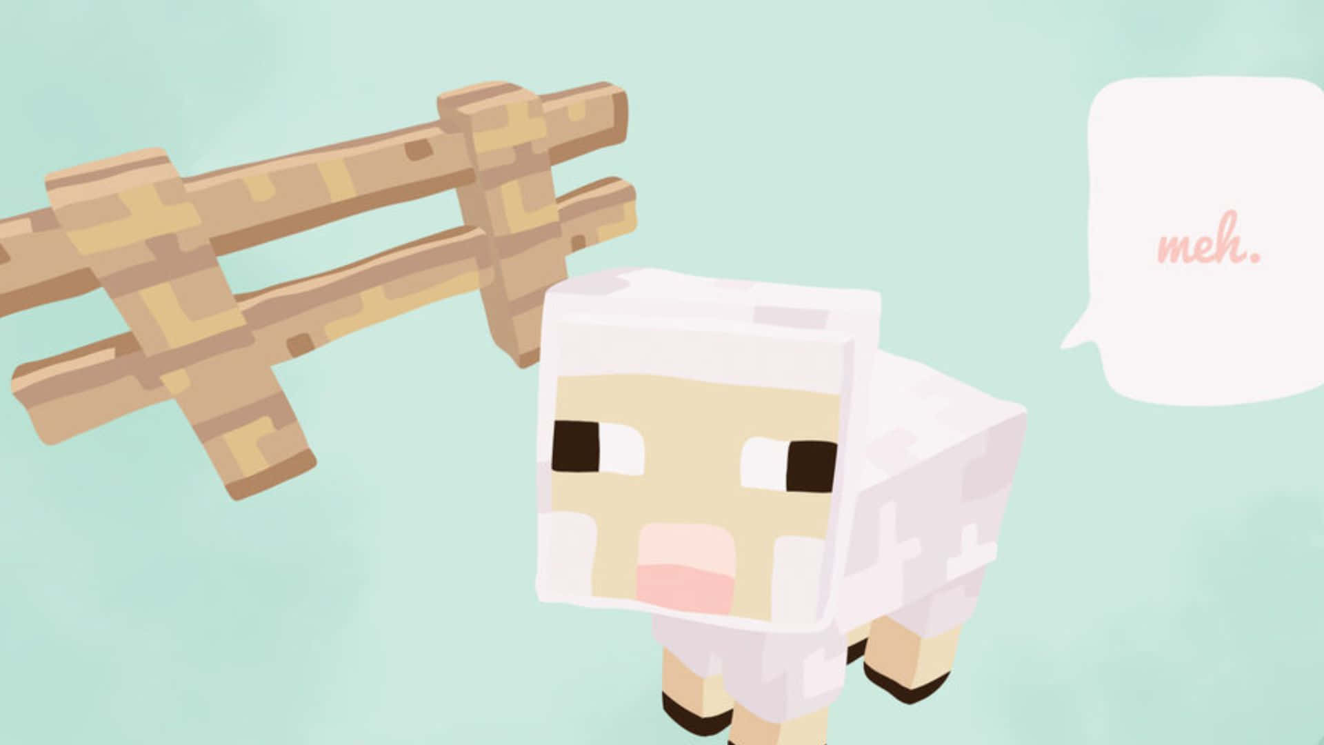 Minecraft Sheep 桌布 壁紙 — 一隻像素化的Minecraft羊，帶著無聊的表情，站在木柵欄旁邊，背景是柔和的青綠色。